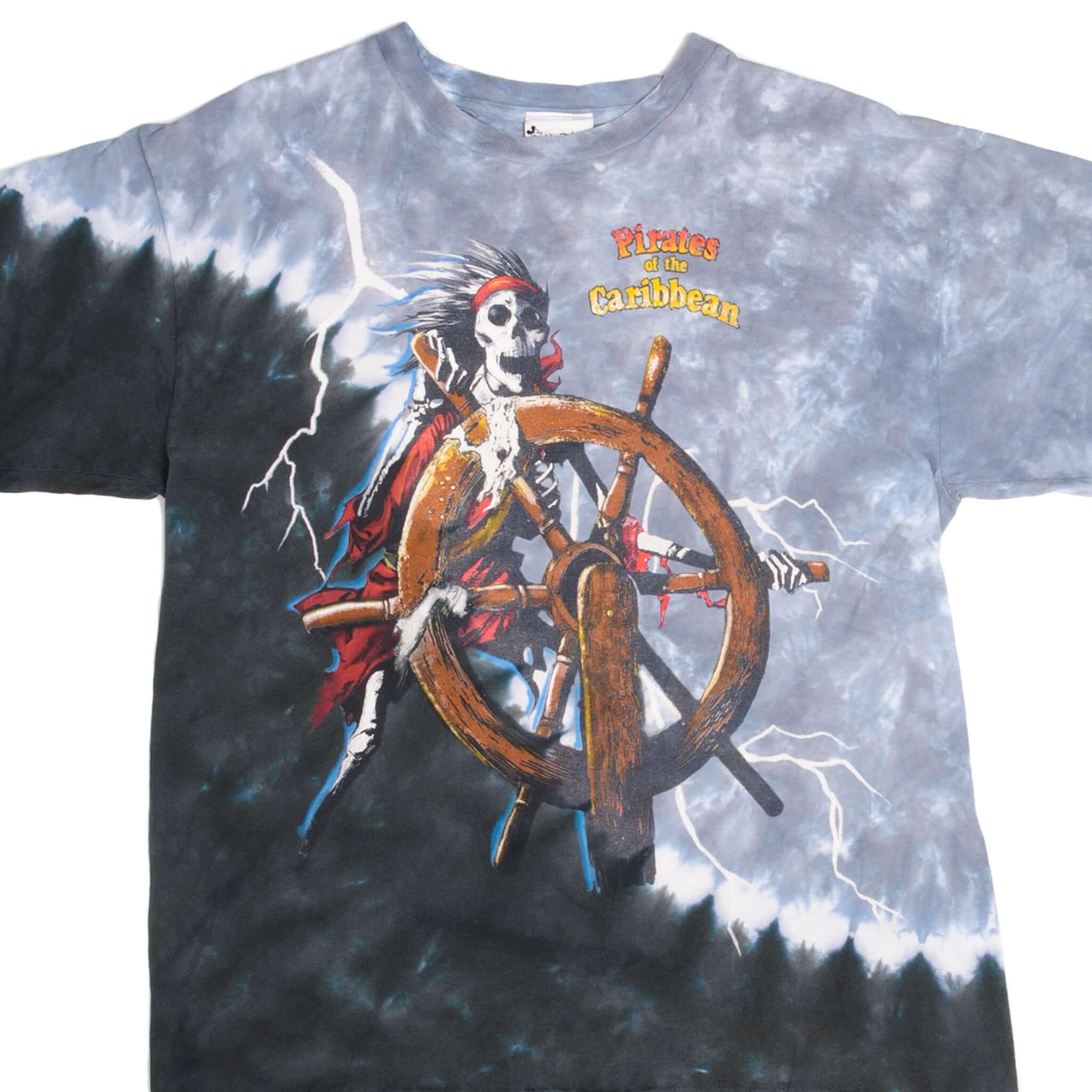 Vintage Tie Dye Pirates Of The Caribbean Disney 1990s Tee Shirt Size Small Made In USA With Single Stitch Sleeves