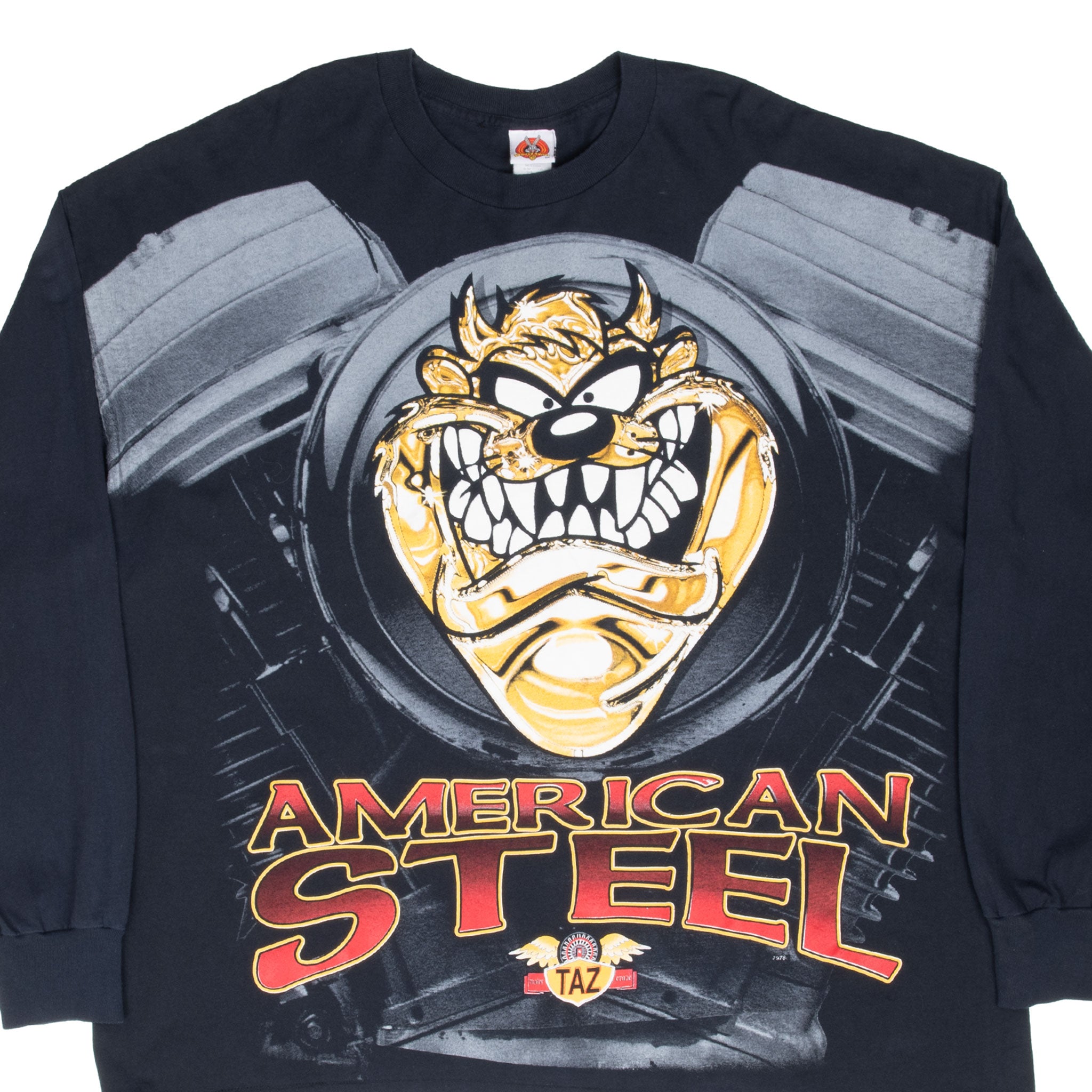 Vintage Looney Tunes Taz Biker All Over Print Long Sleeve Tee Shirt 1997 Size 3XL Made in Usa
