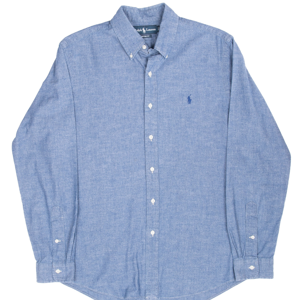 Front of Ralph Lauren blue chambray shirt with button-down collar and embroidered Polo pony