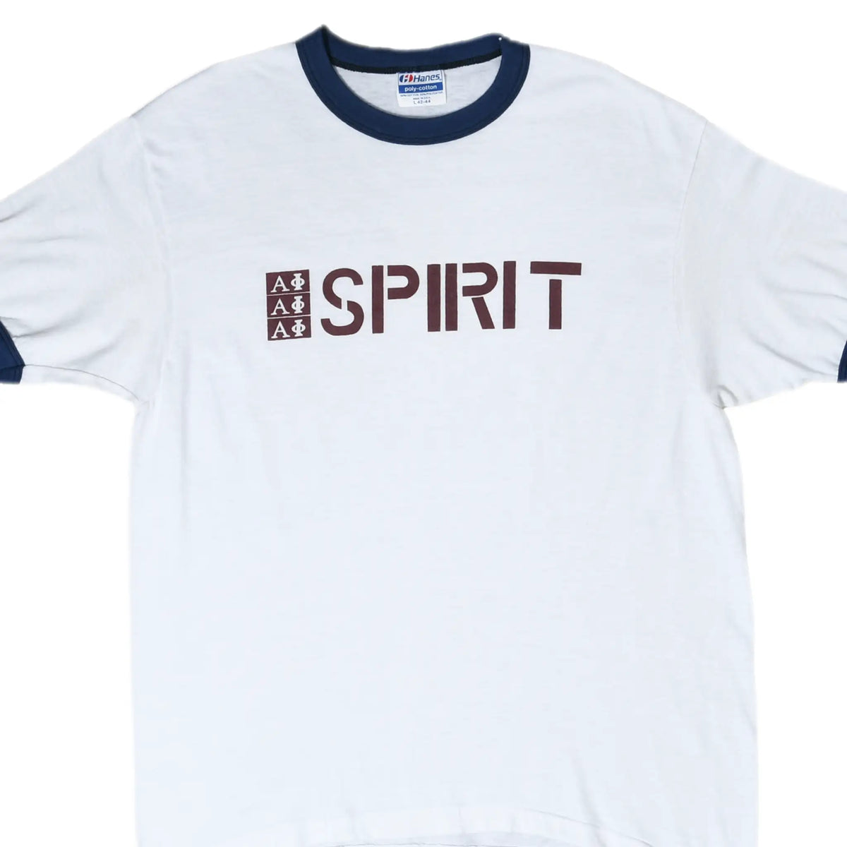 Cropped front of white ringer T-shirt with navy trim and burgundy Alpha Phi Spirit print