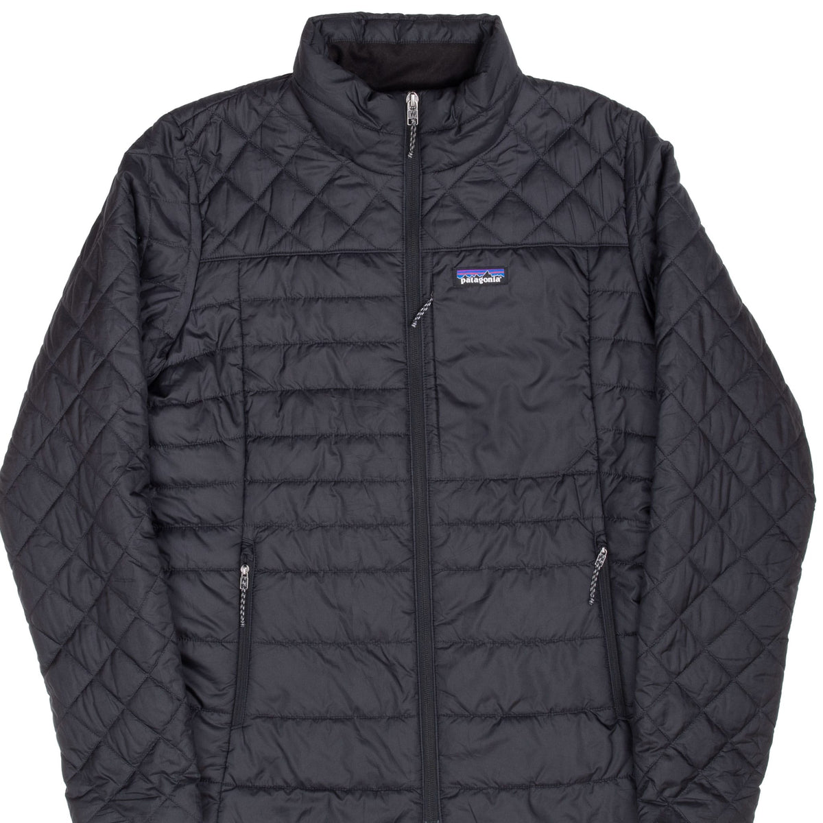 Front detail of Patagonia women's black Radalie puffer jacket with quilted shoulders