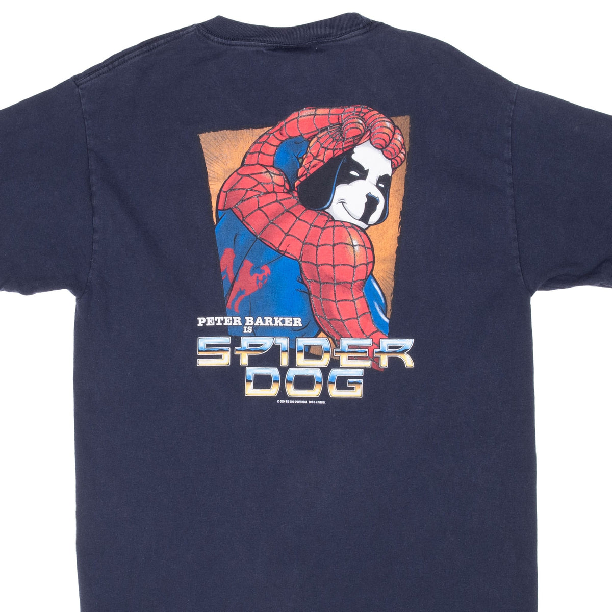 Back of navy Big Dogs T-shirt with Peter Barker Spider Dog graphic