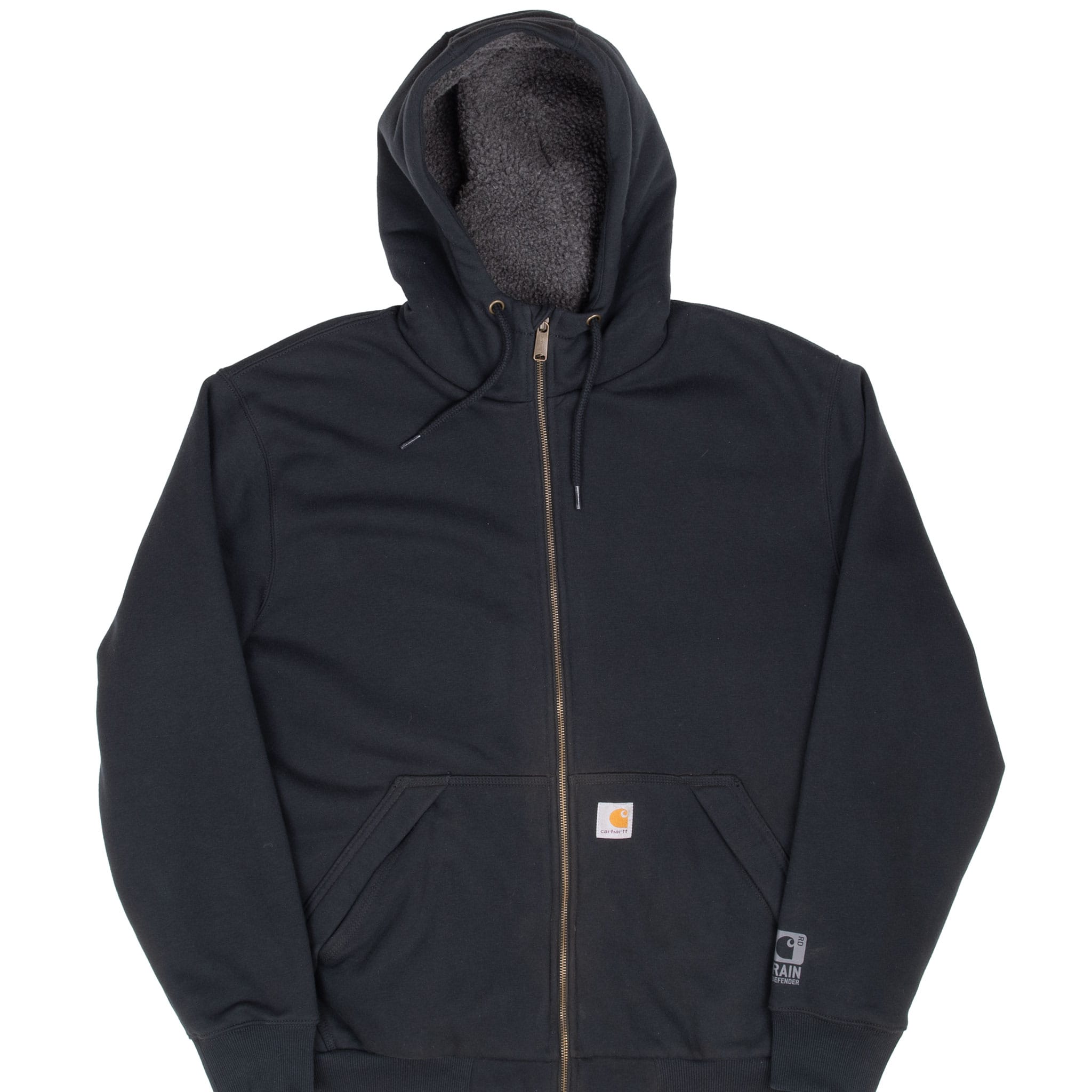 Front upper view of black Carhartt full-zip hoodie with sherpa-lined hood and logo pocket patch