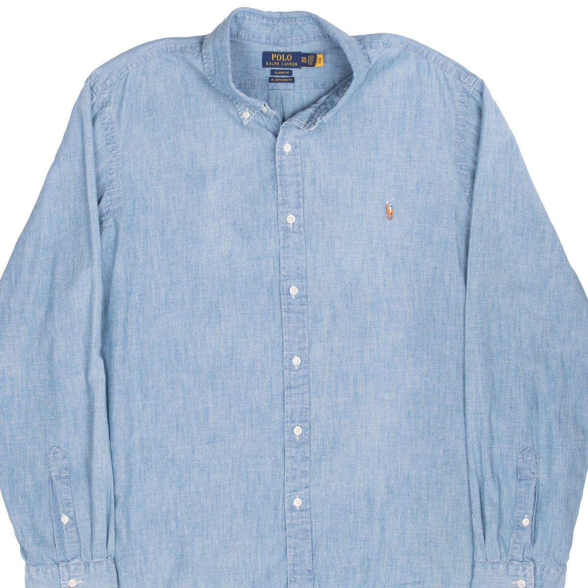 Front upper view of blue Polo Ralph Lauren chambray button-down shirt with embroidered pony