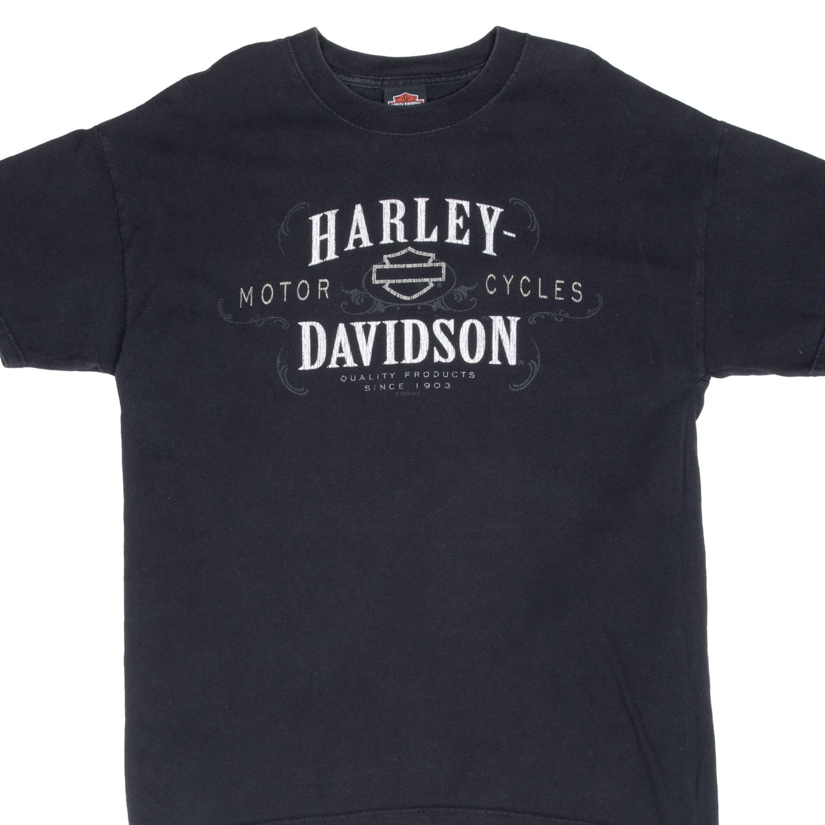 Front of black Harley-Davidson T-shirt with distressed white logo print