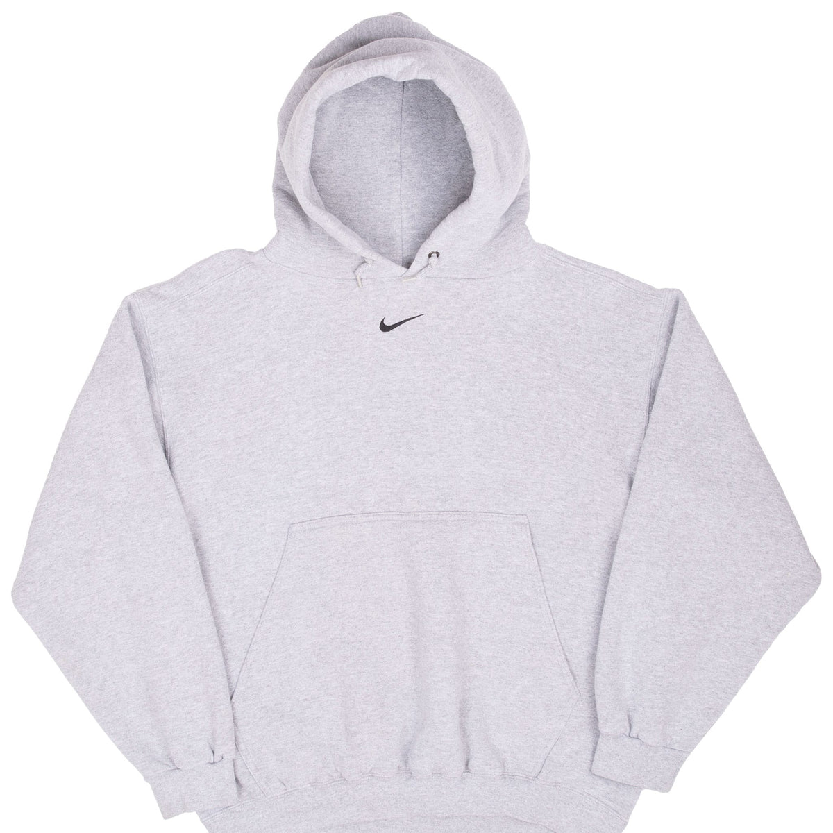 Front of grey Nike hoodie with centered black Swoosh and kangaroo pocket