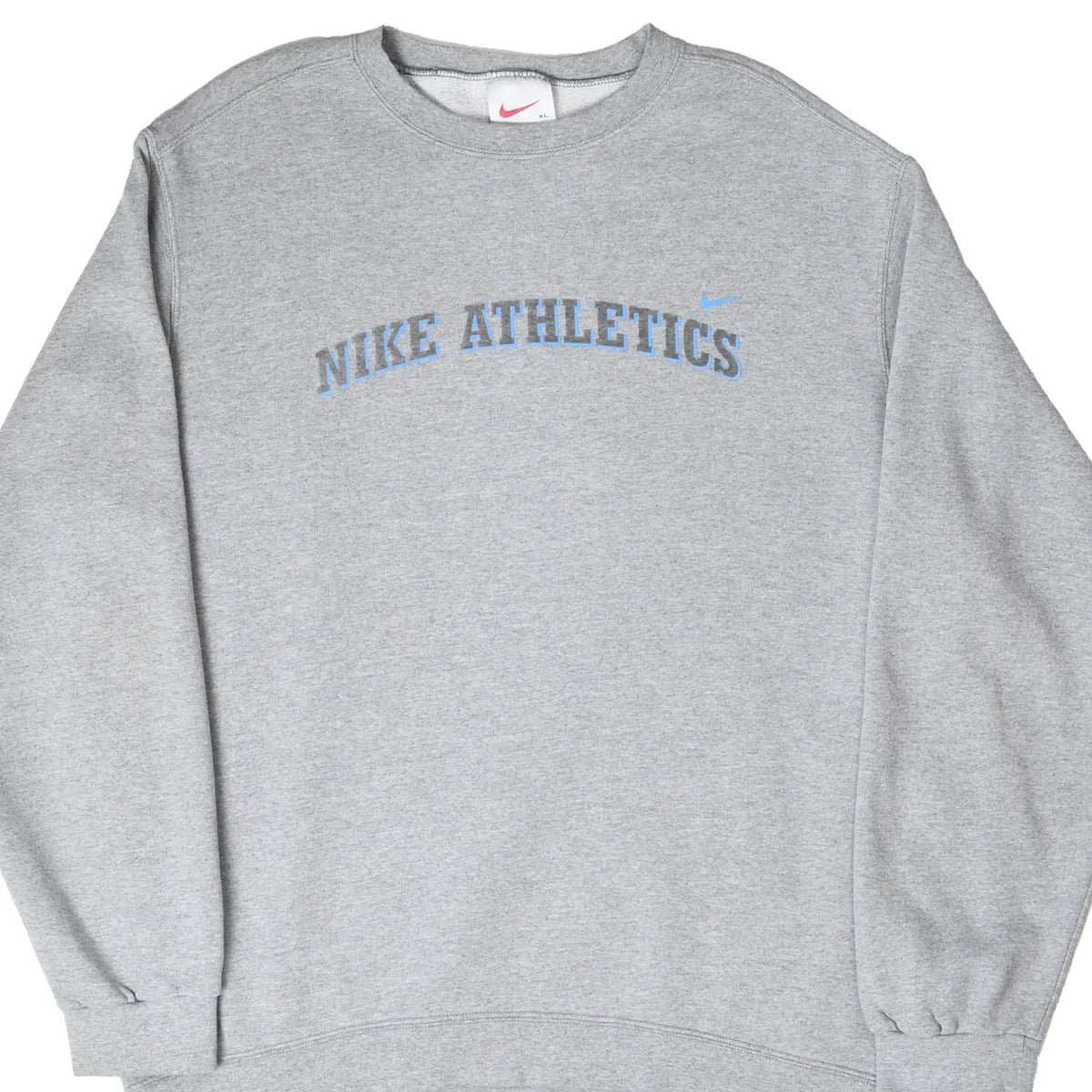 Front of grey Nike sweatshirt with blue Nike Athletics lettering and Swoosh