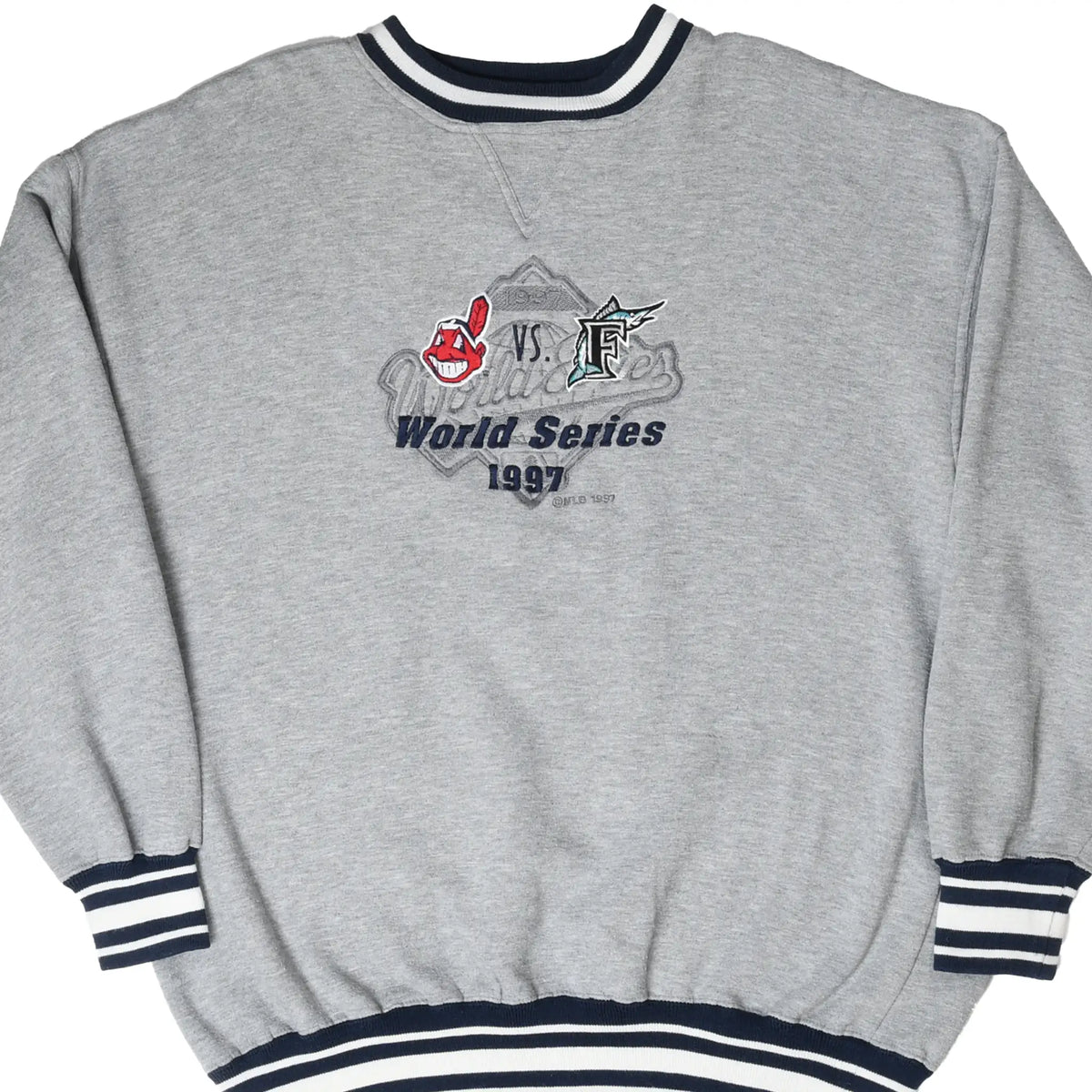 Front of gray 1997 World Series sweatshirt with Cleveland Indians and Florida Marlins embroidery