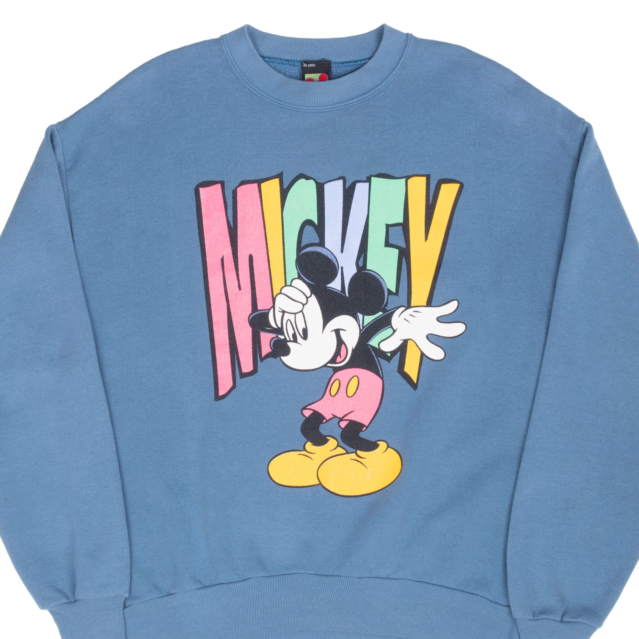 Front of blue Disney sweatshirt with Mickey Mouse and multicolor Mickey lettering