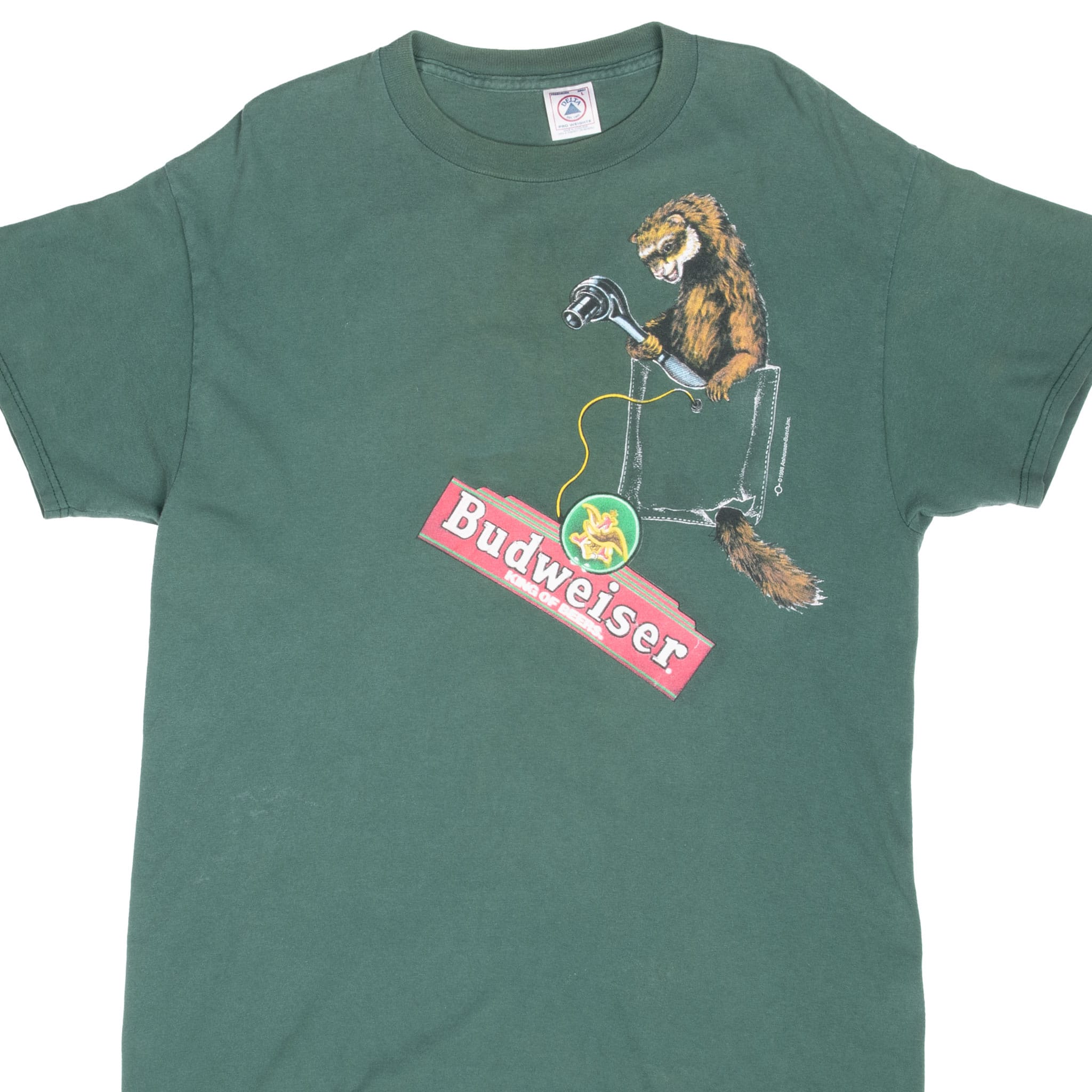 Front of green Budweiser T-shirt with ferret holding a beer tap graphic