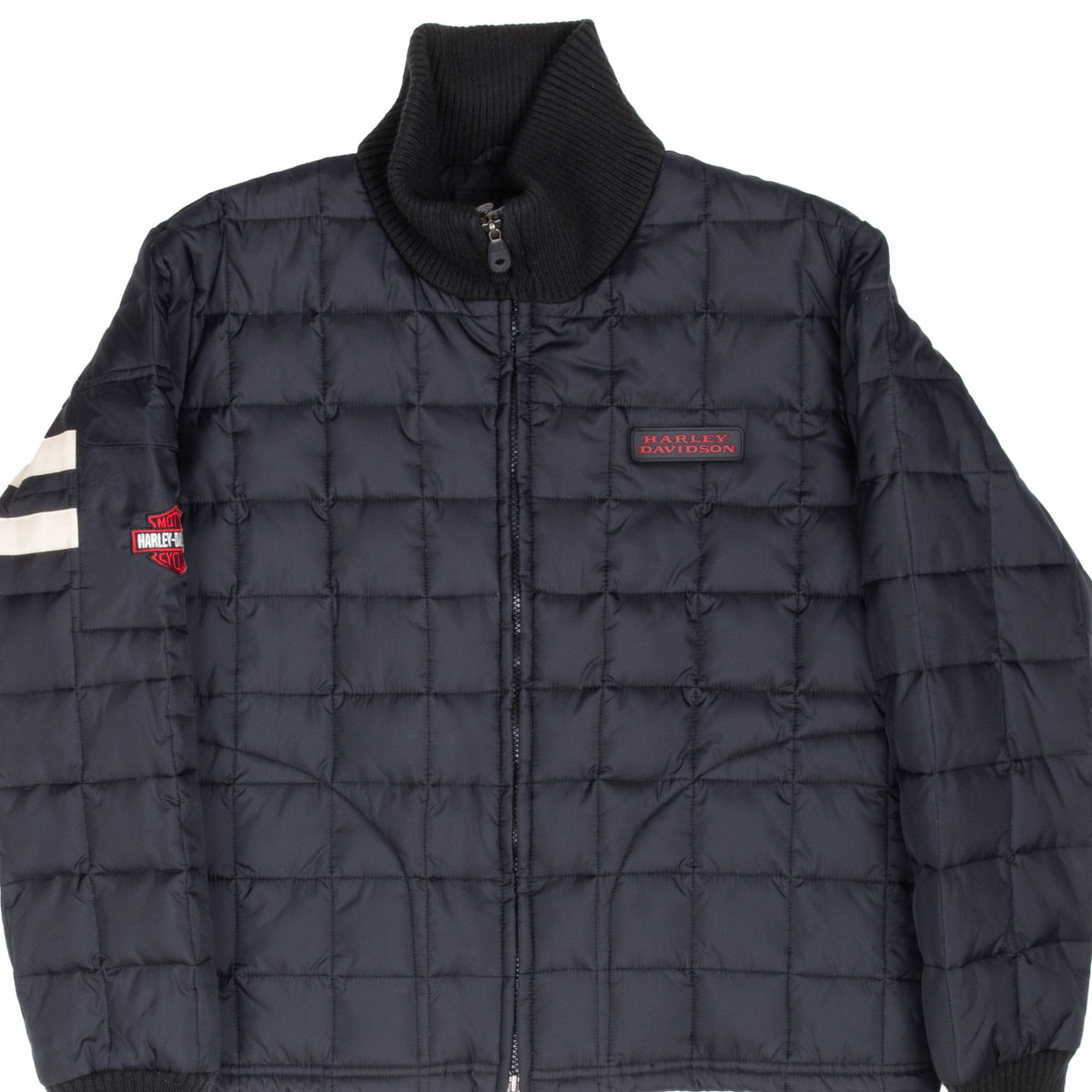 Front of black Harley-Davidson quilted puffer jacket with chest and sleeve patches