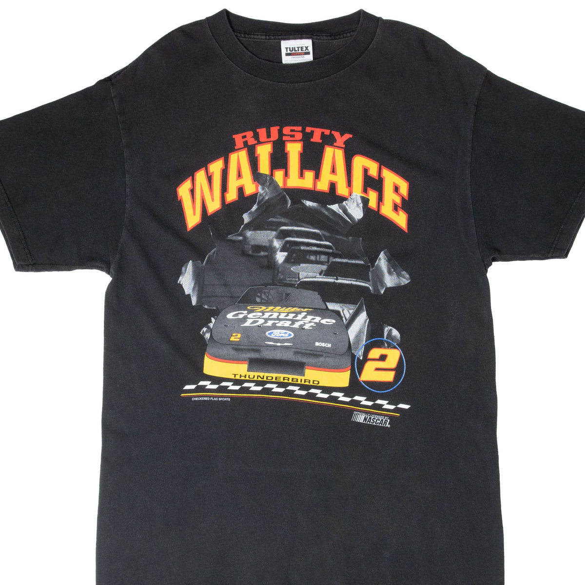 Front of black Rusty Wallace NASCAR T-shirt with No. 2 Ford Thunderbird racing graphic