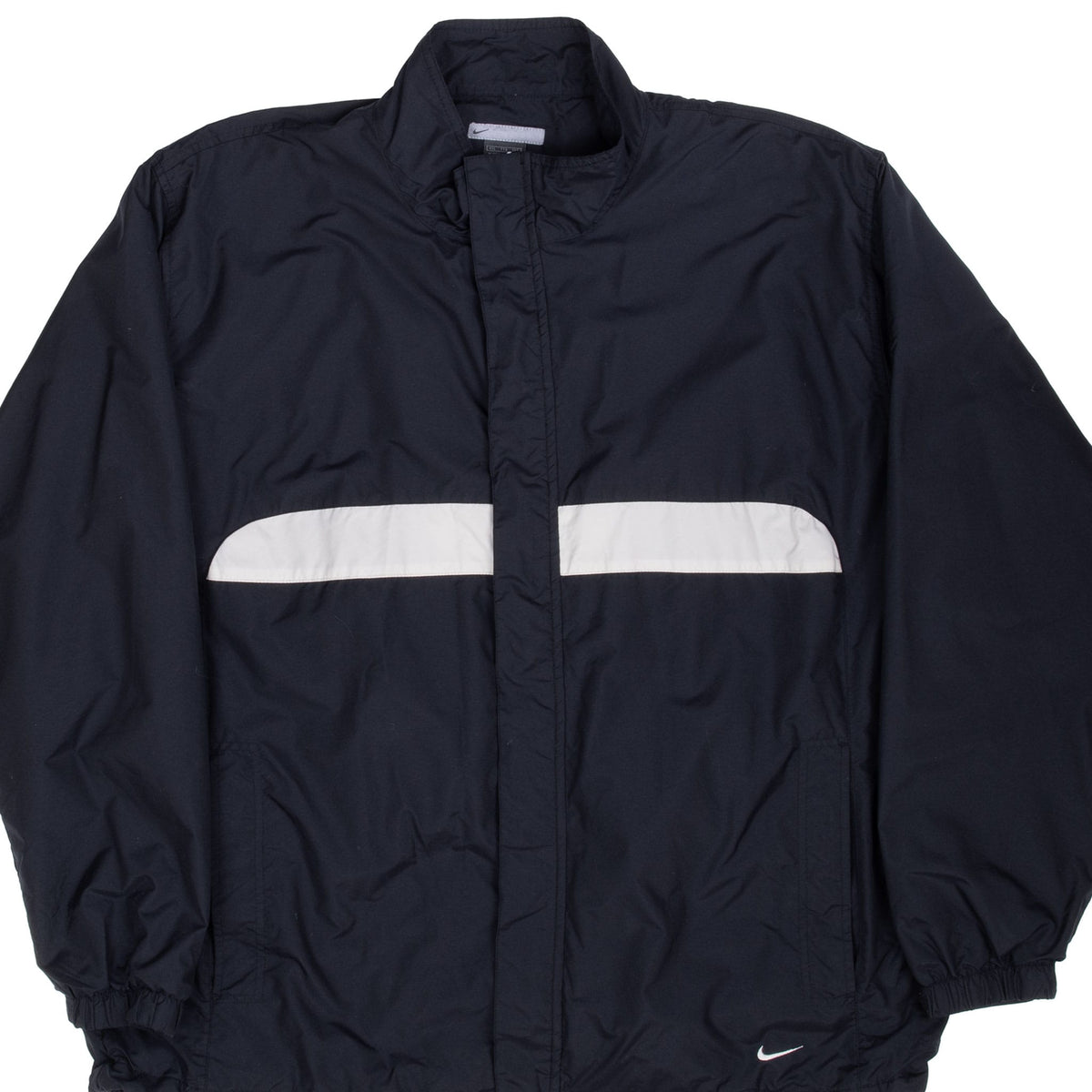 Front of black Nike windbreaker jacket with white chest stripe and embroidered Swoosh