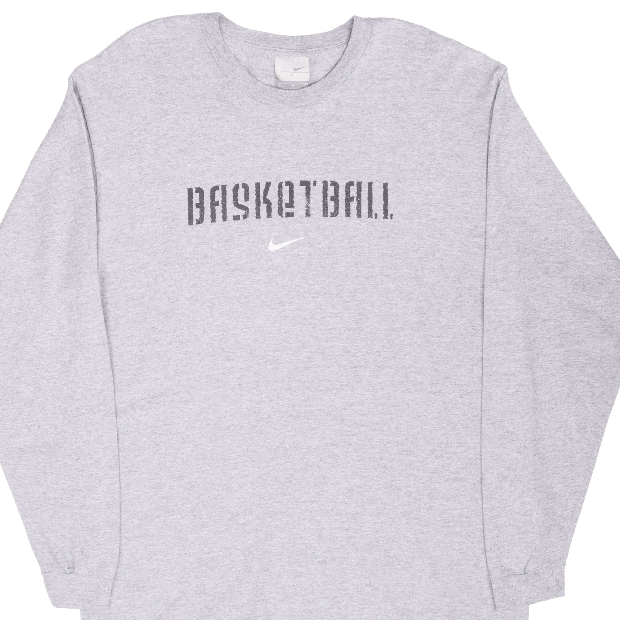 Front of grey Nike long-sleeve T-shirt with Basketball lettering and white center Swoosh