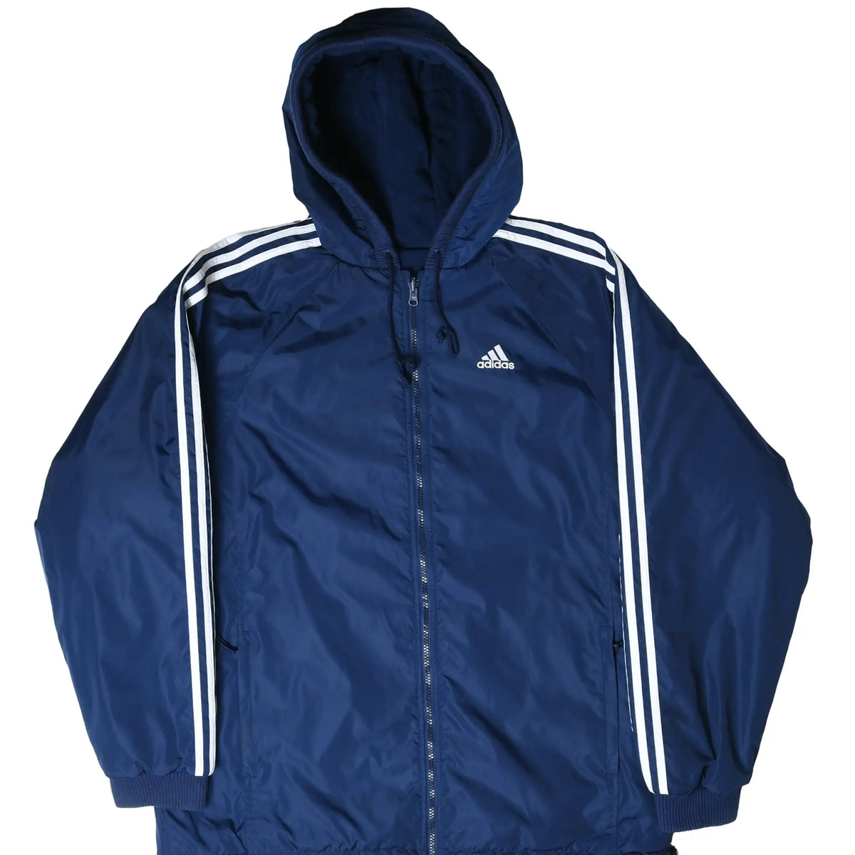Front of navy Adidas hooded windbreaker with white sleeve stripes and embroidered chest logo