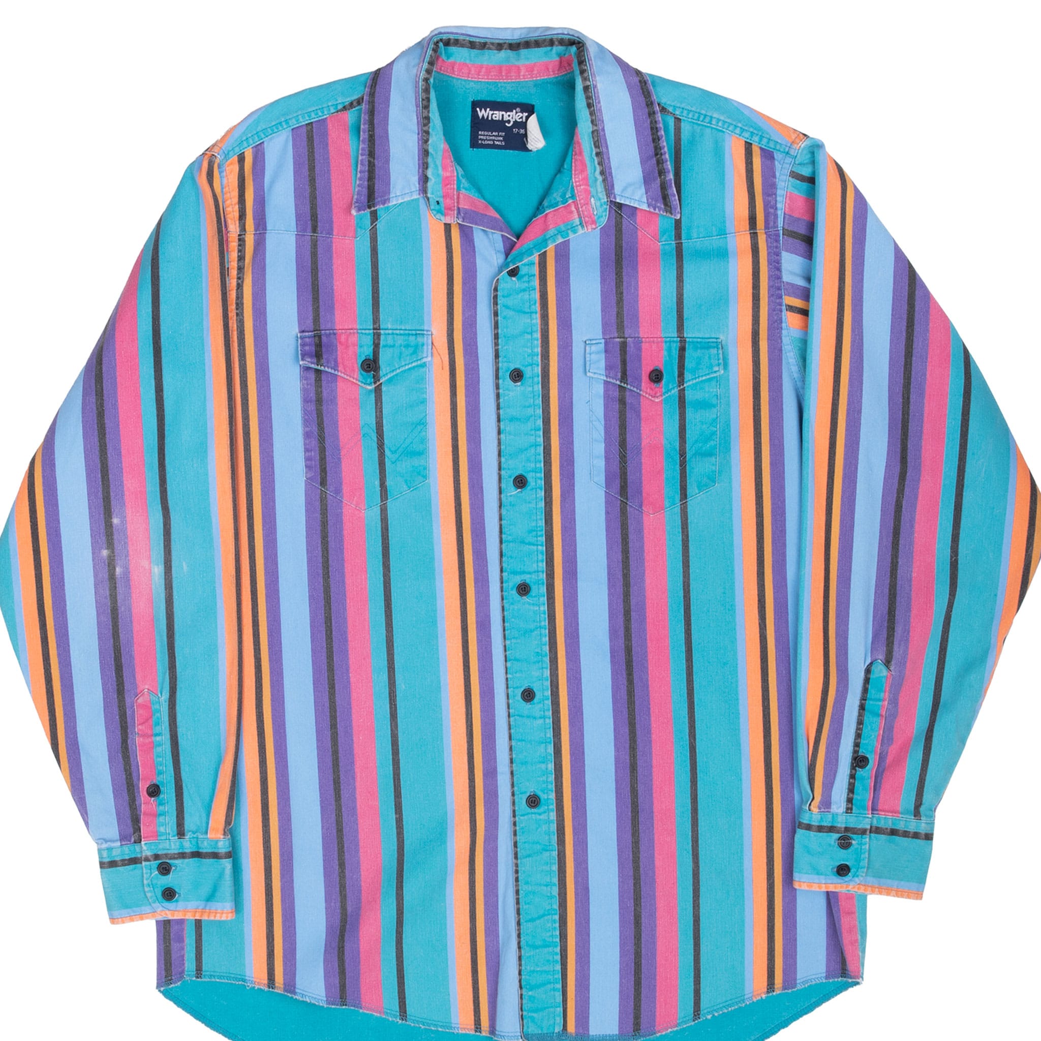 Front of Wrangler Brushpopper shirt with multicolor vertical stripes and two buttoned chest pockets