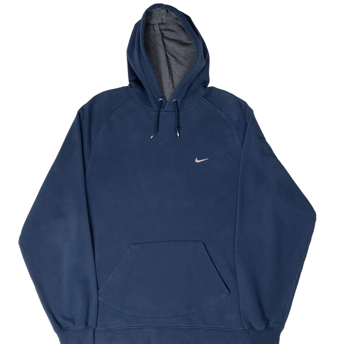 Front of navy blue Nike pullover hoodie with embroidered Swoosh and kangaroo pocket