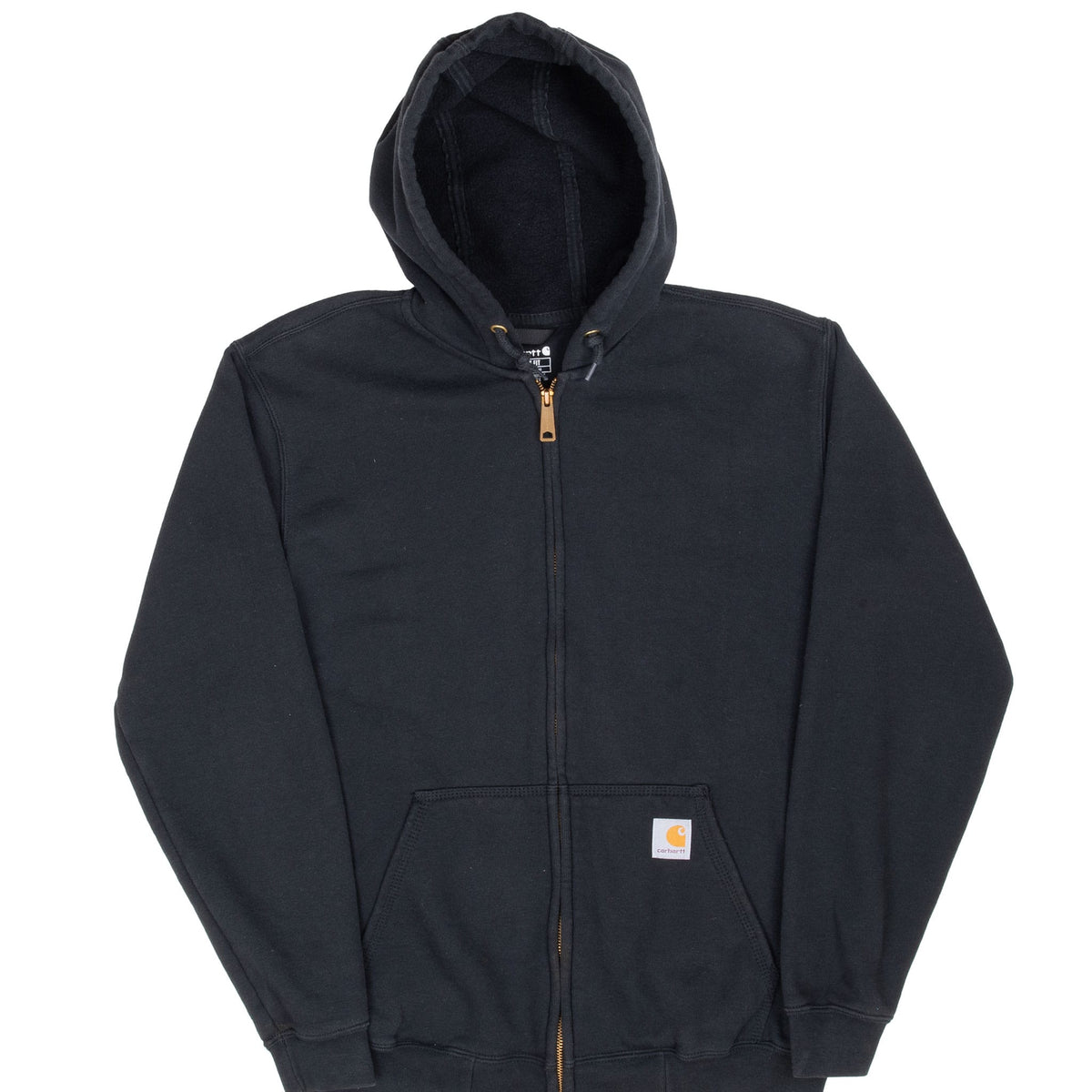Front of black Carhartt full-zip hoodie with drawstring hood, split pockets, and logo patch