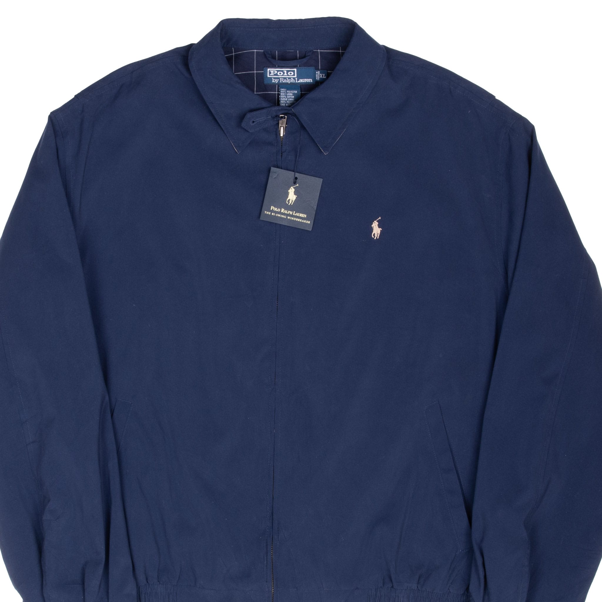 Front upper view of blue Polo Ralph Lauren Harrington jacket with pony embroidery and hangtag