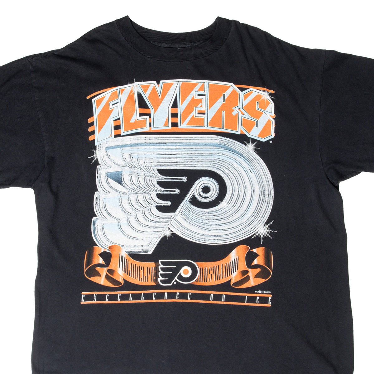 Front of black Philadelphia Flyers T-shirt with orange, white and gray team graphic