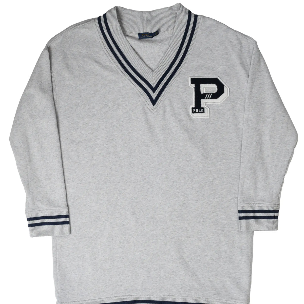 Front of grey Polo Ralph Lauren cricket sweater dress with striped V-neck and chenille P patch