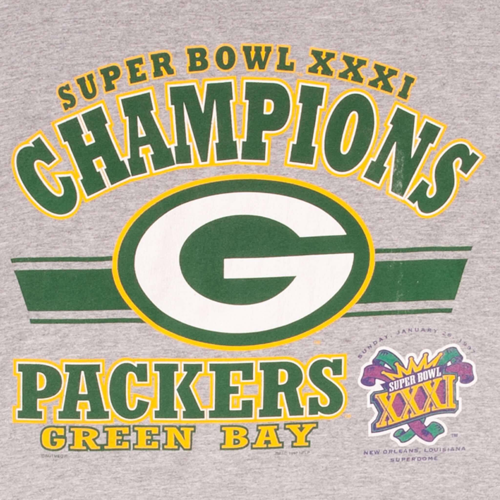 Close-up of Green Bay Packers Super Bowl XXXI Champions front graphic