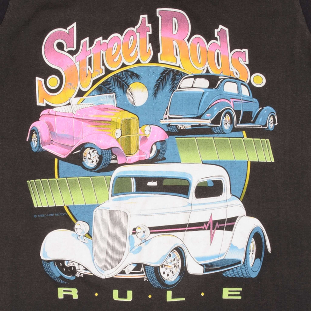Close-up of Street Rods Rule graphic with pink, blue, and white custom cars