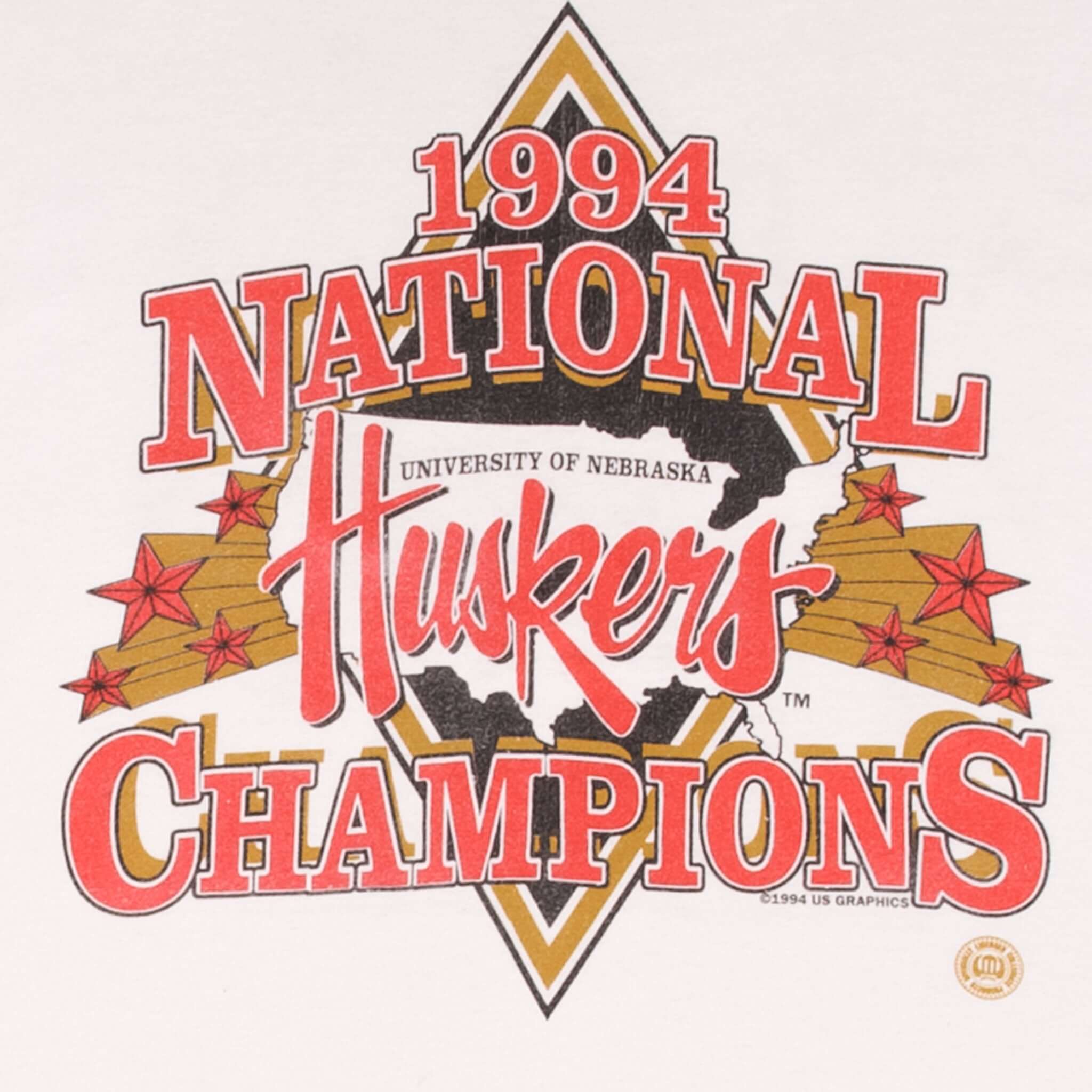 Vintage Ncaa Nebraska Huskers Champions 1994 Tee Shirt Size XL Made In USA With Single Stitch Sleeves