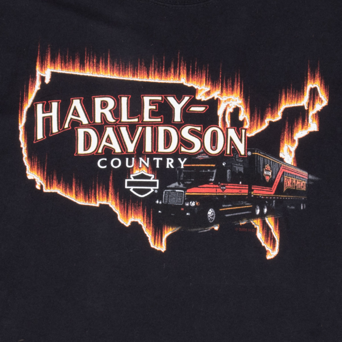 Close-up of Harley-Davidson Country front print with flaming USA outline and truck