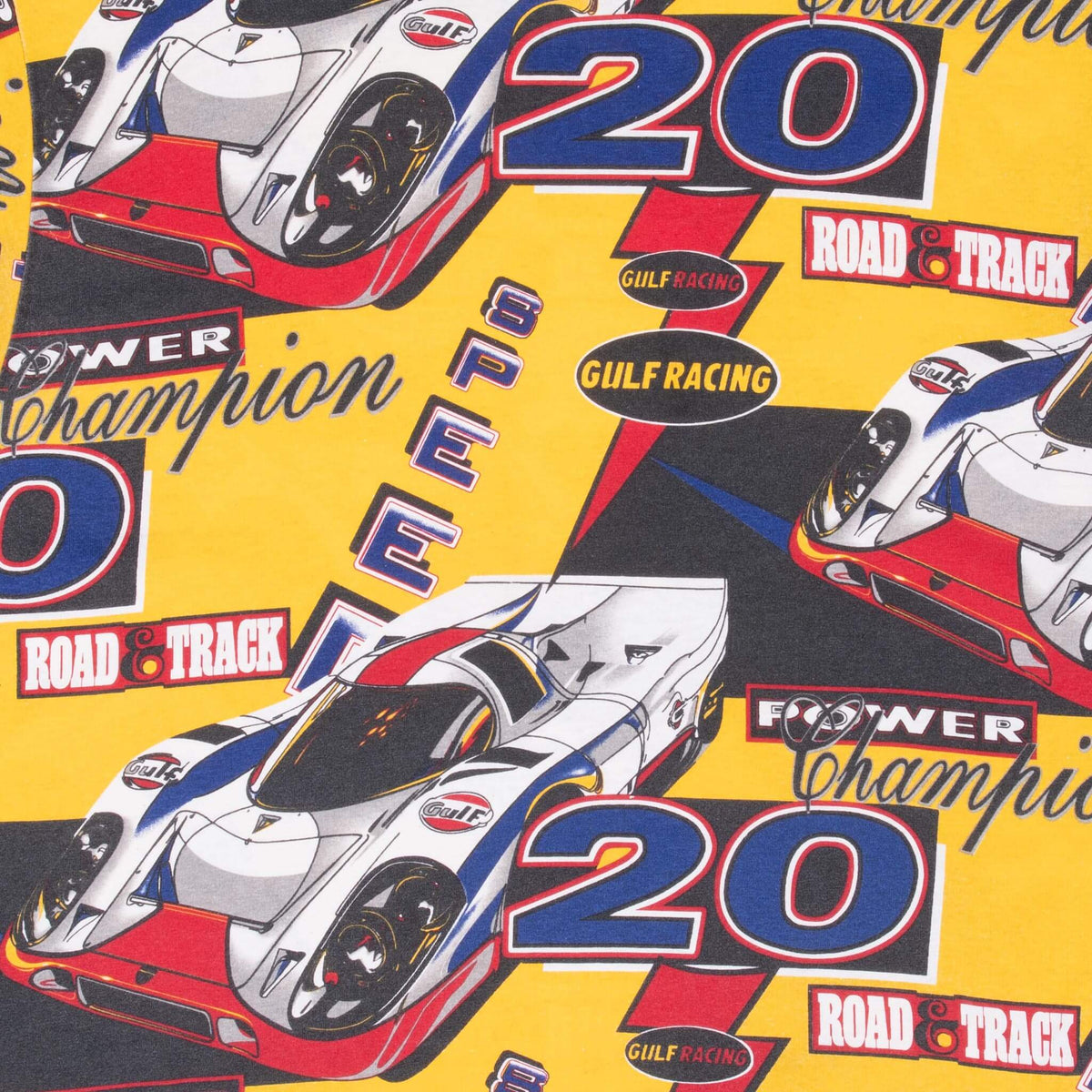Gulf Racing tee print detail with race cars, number 20, Power Champion, and Road & Track graphics