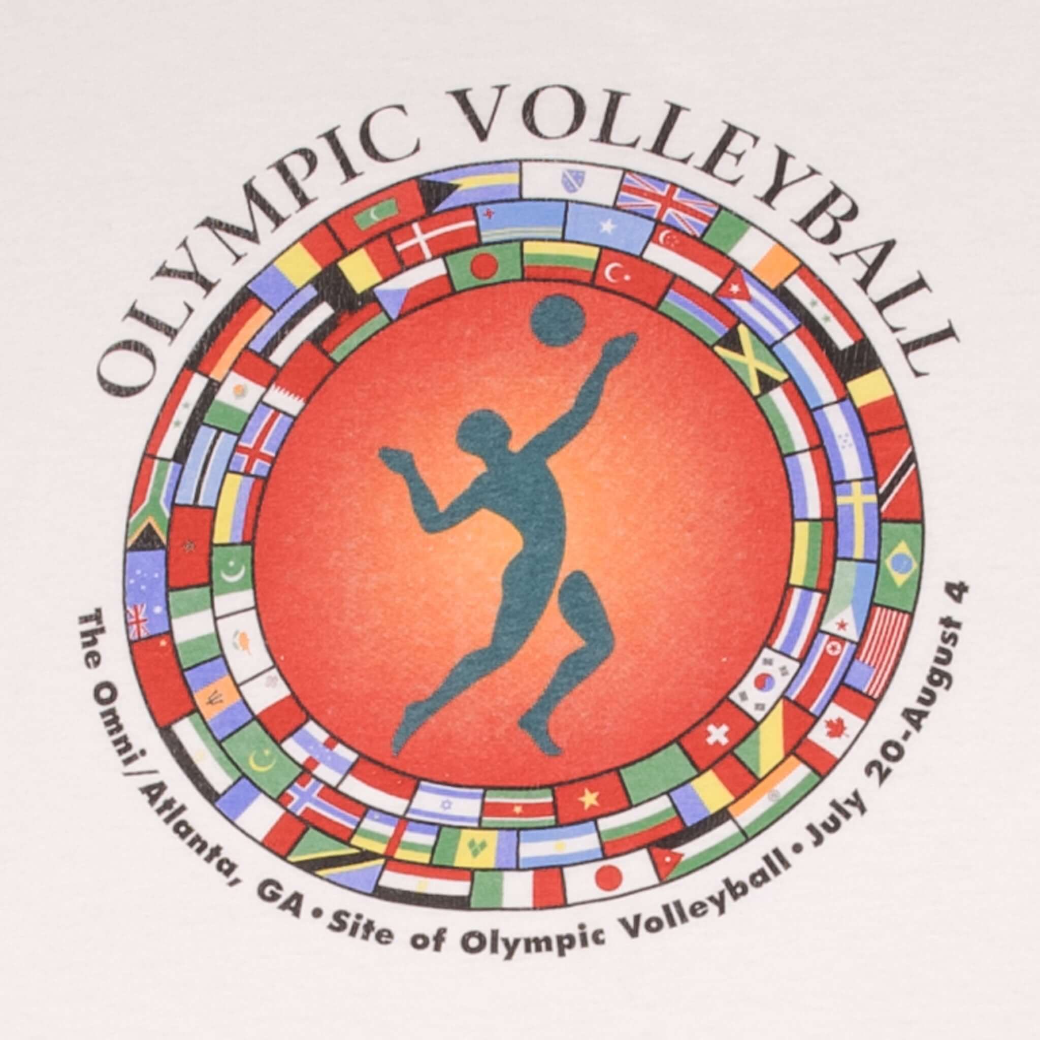 Olympic Volleyball graphic with player silhouette, international flags, and Atlanta venue text
