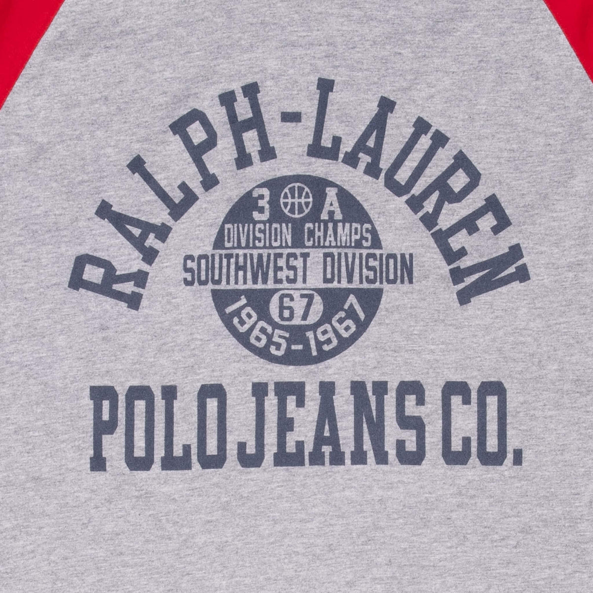 Close-up of navy Ralph Lauren Polo Jeans Co. basketball graphic on gray shirt