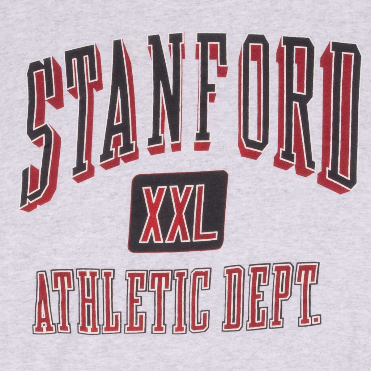 Close-up of Stanford XXL Athletic Dept. chest print in red, black, and white