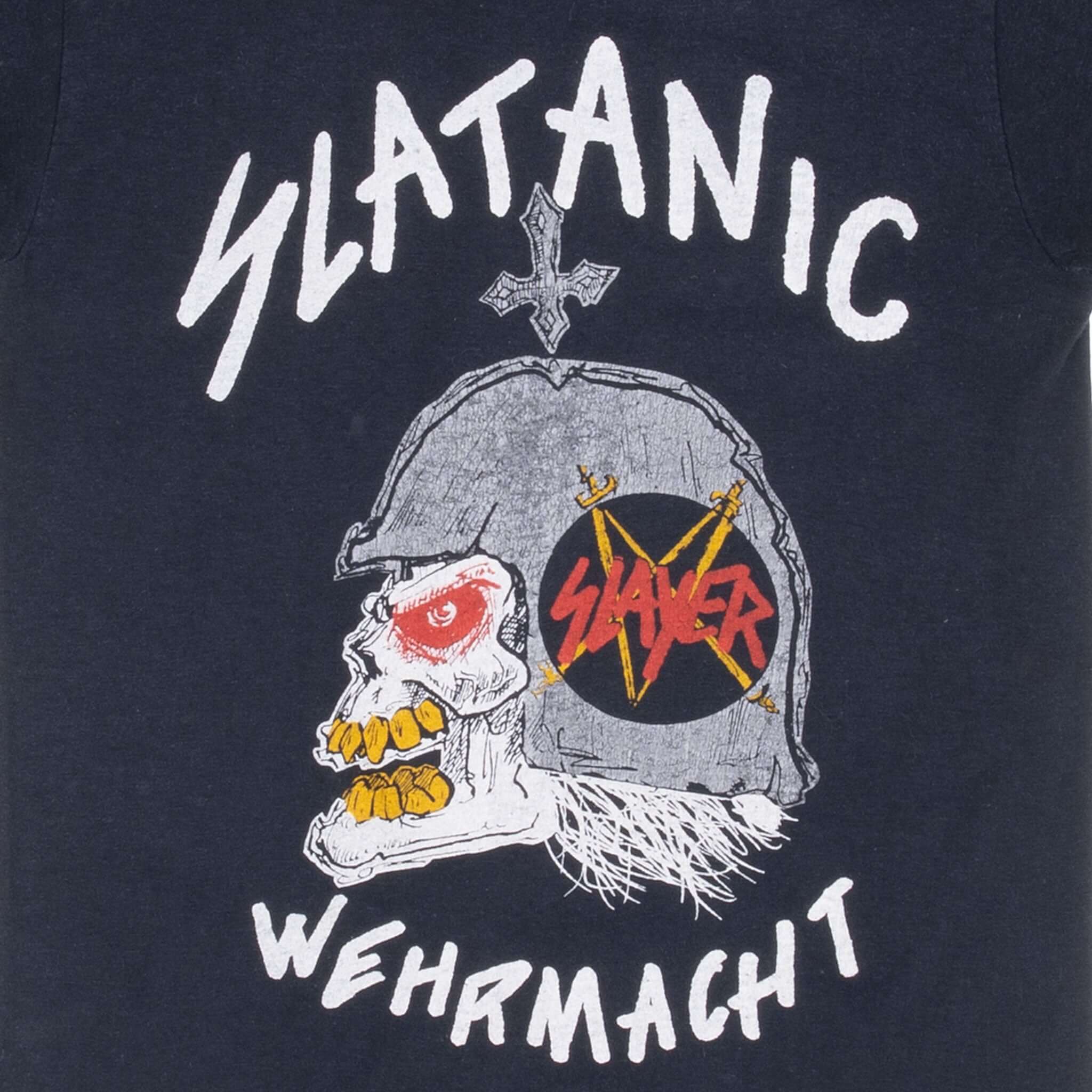 Vintage Slayer Slatanic Wehrmacht Tour 1985 Tee Shirt Size XS With Single Stitch Sleeves