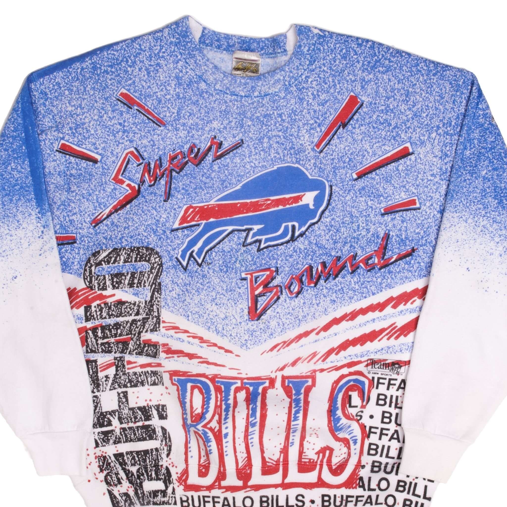 Vintage NFL All Over Print Buffalo Bills Magic Johnson T's Sweatshirt 1990S Size XL Made In Usa