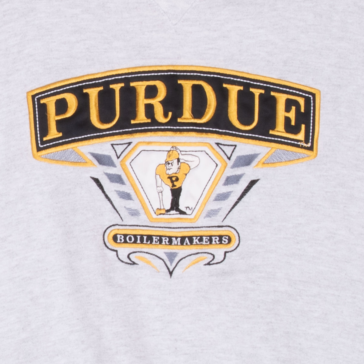Close-up of black and gold Purdue Boilermakers mascot embroidery