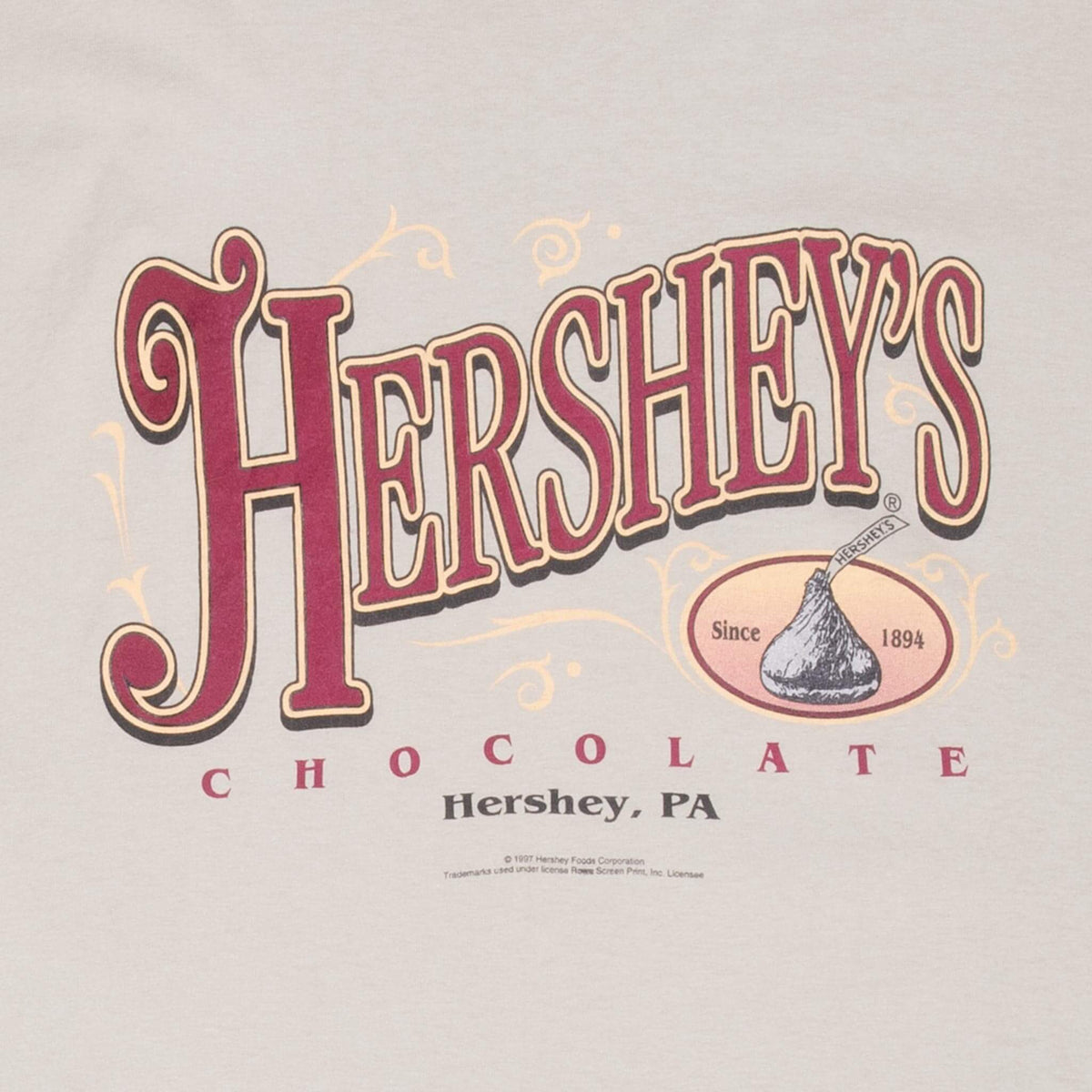 Close-up of burgundy Hershey's Chocolate logo and Hershey, PA chest print