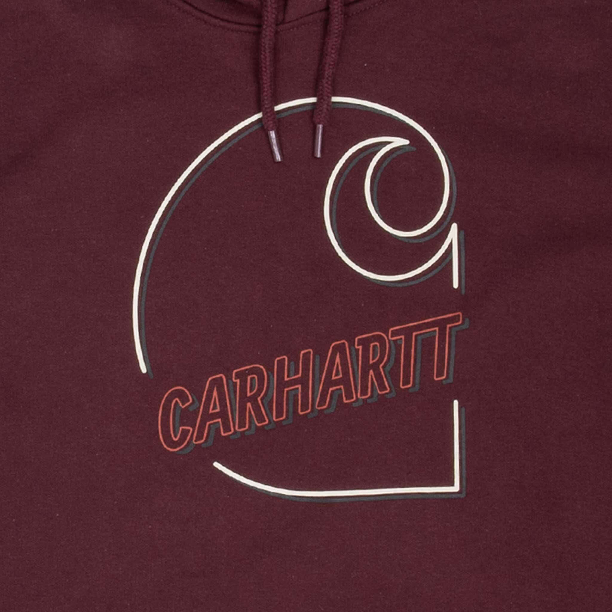 Close-up of outlined Carhartt chest graphic on burgundy hoodie