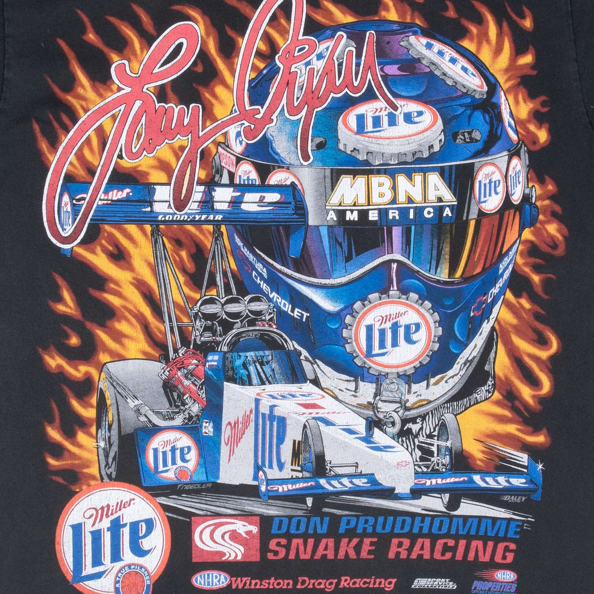 Close-up of Larry Dixon helmet and dragster back graphic with Miller Lite and Snake Racing logos
