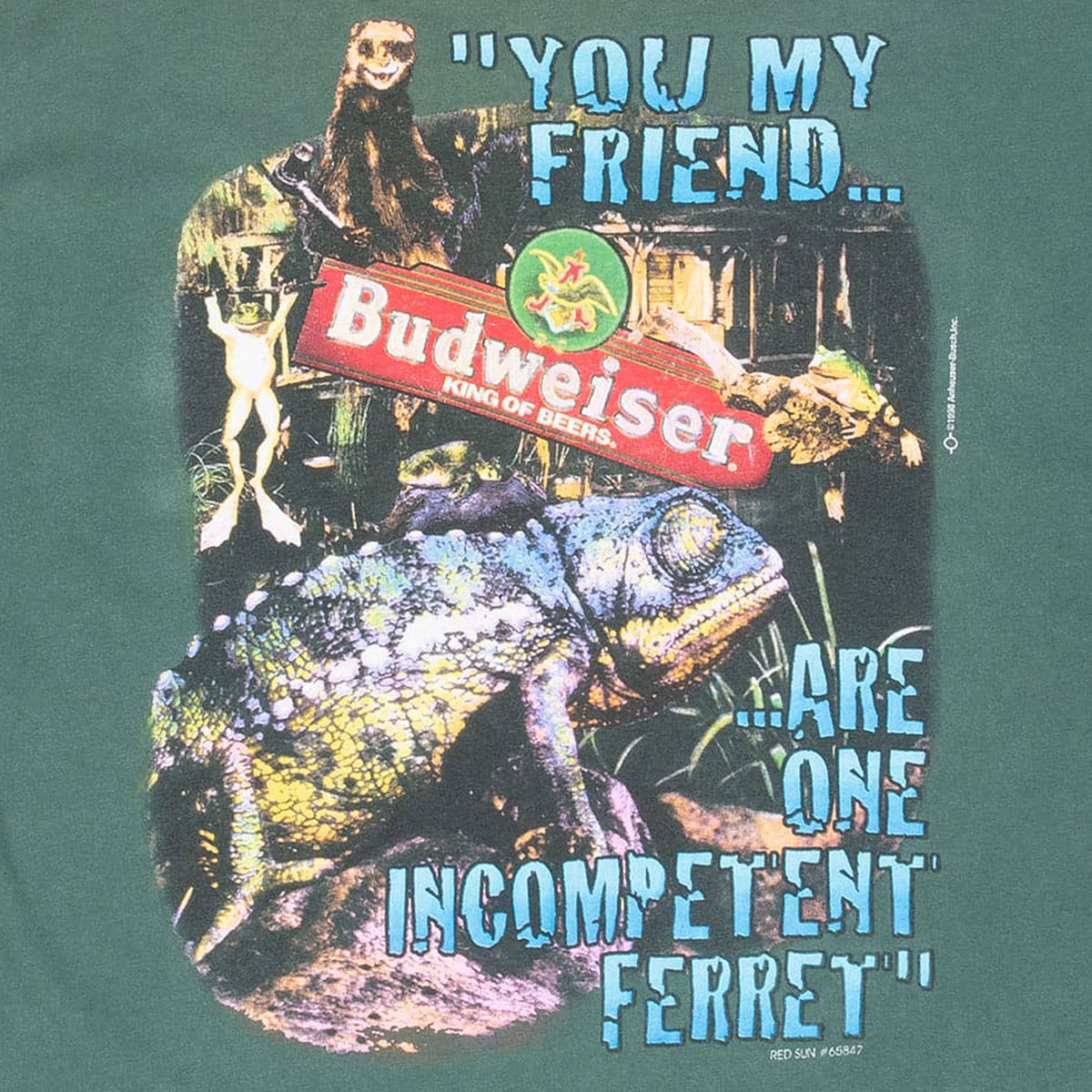Close-up of Budweiser Ferret Frogs back graphic with incompetent ferret slogan