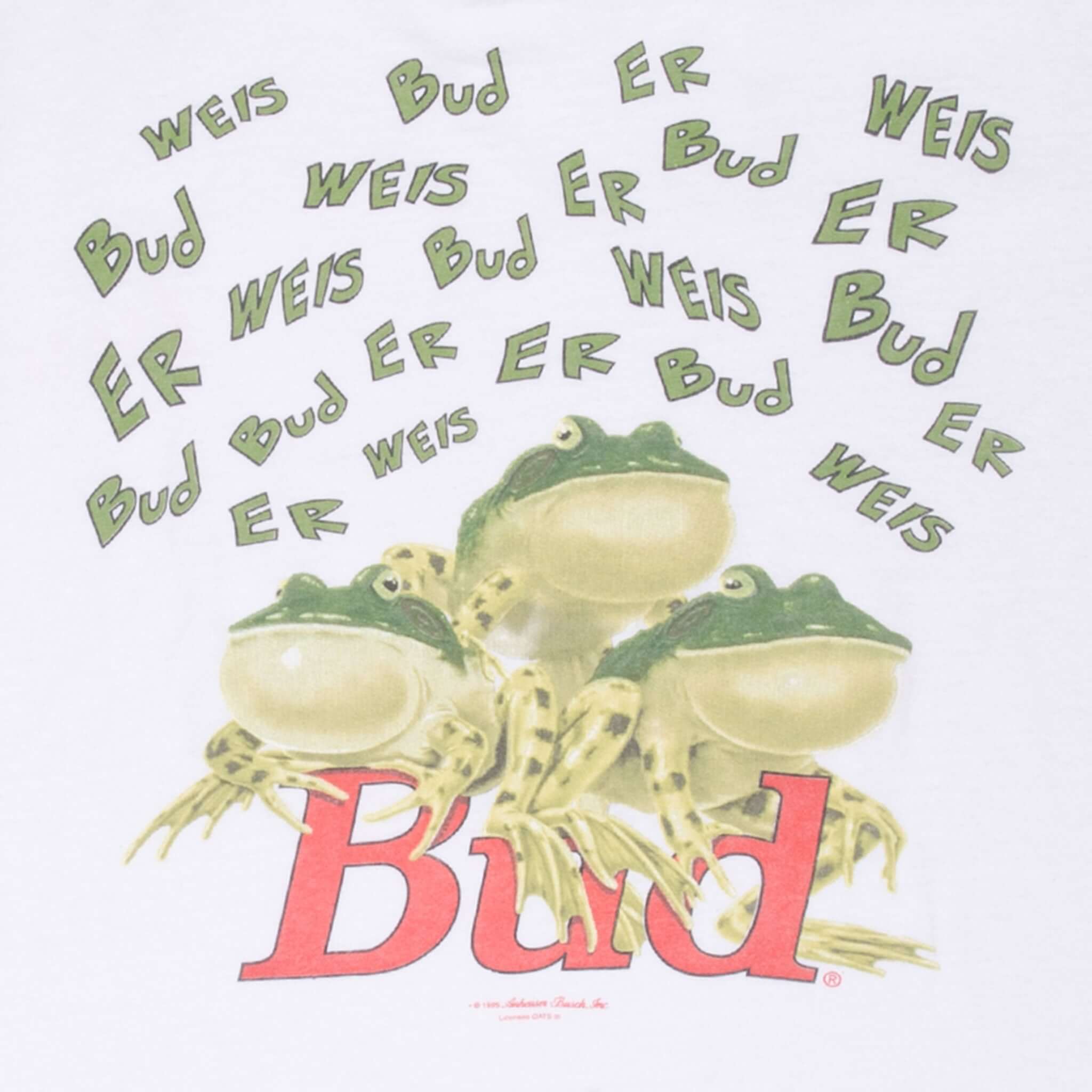 Vintage Bud Budweiser Frog Tee Shirt 1995 Size XL Made In Usa With Single Stitch Sleeves