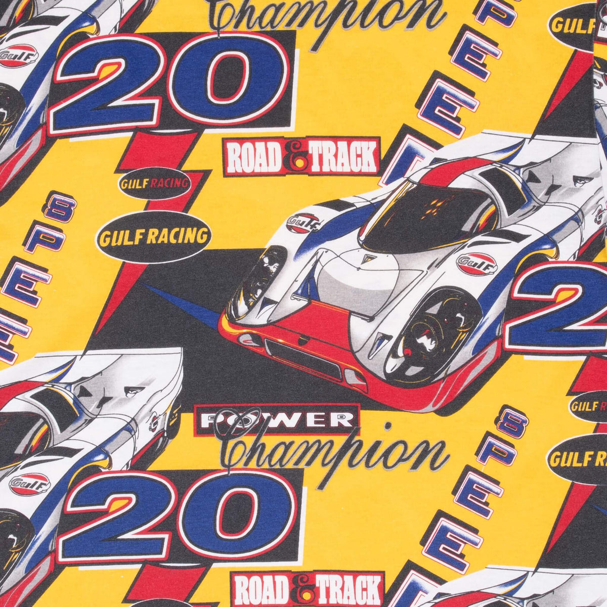 Yellow all-over print detail with Gulf race car, number 20, Power Champion, and Road & Track graphics