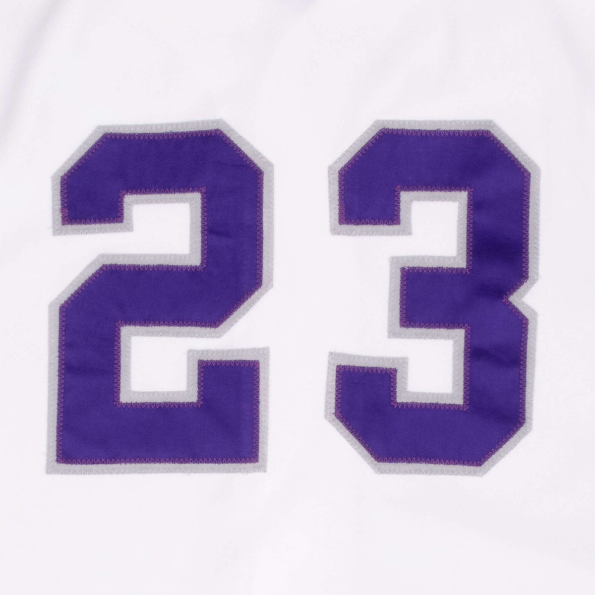 Close-up of large purple number 23 stitched on jersey back