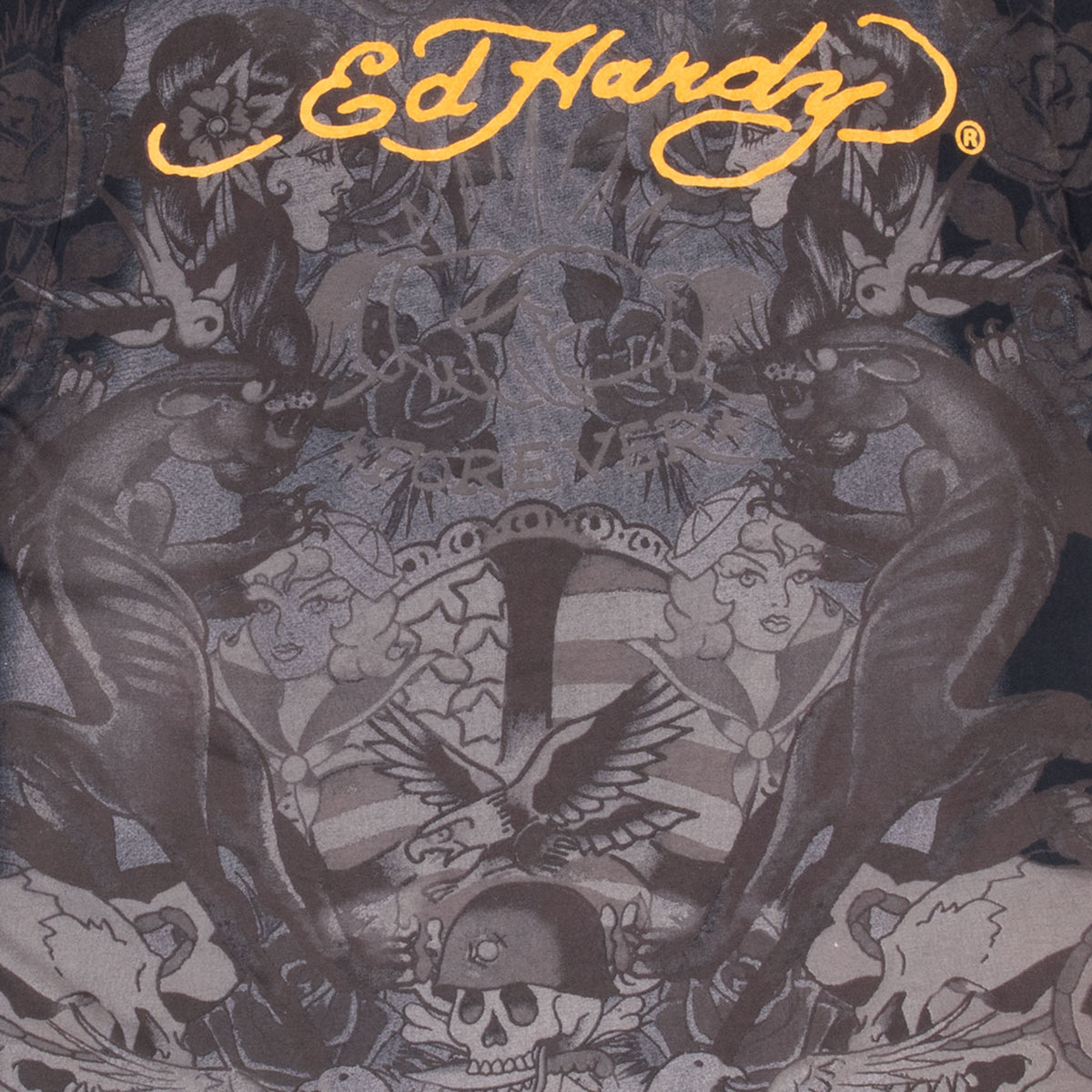 Back print detail with orange Ed Hardy logo and tonal eagle, skull, women, and flag design