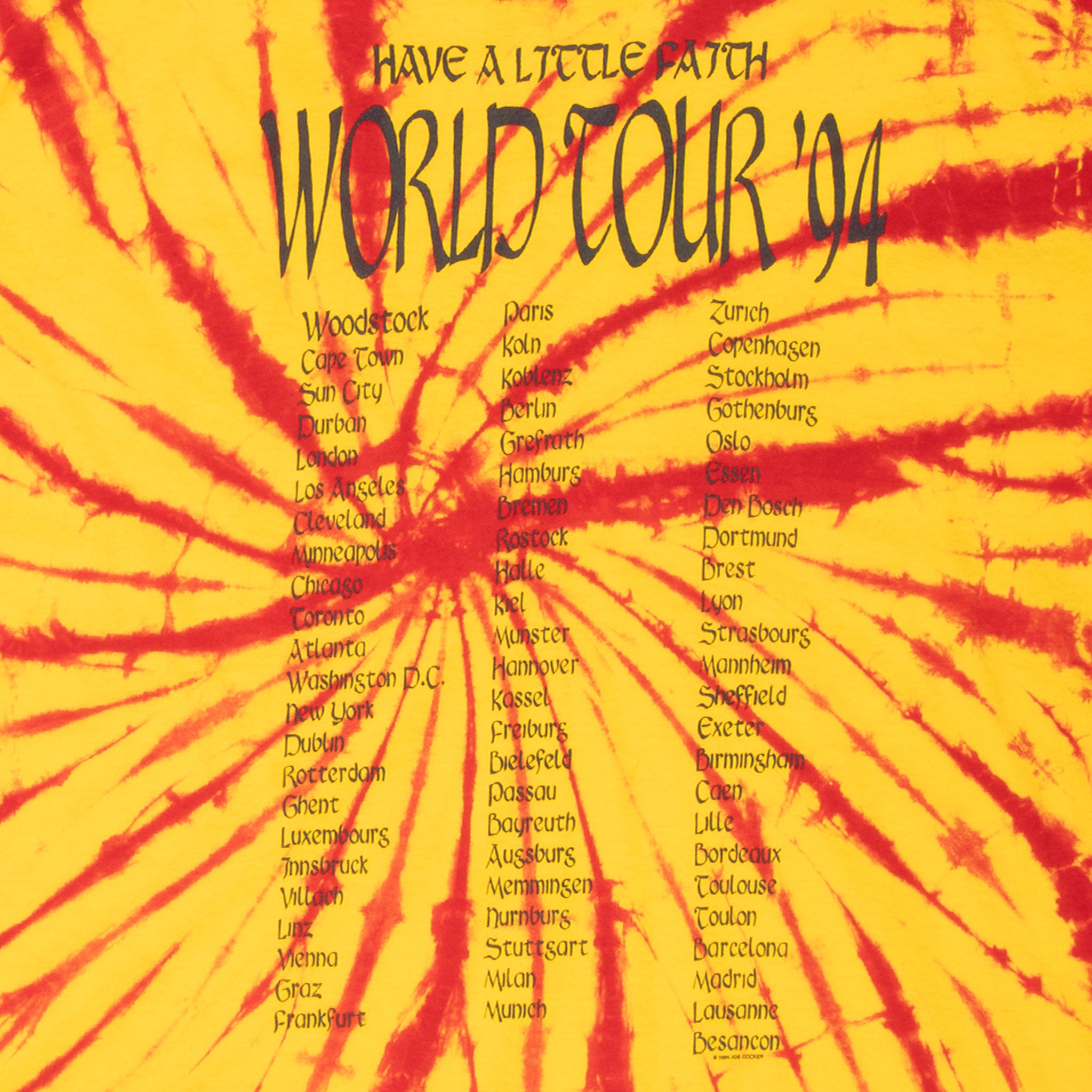 Vintage Joe Cocker World Tour 1994 Tie Dye Tee Shirt Size 2XL With Single Stitch Sleeves Made In Usa