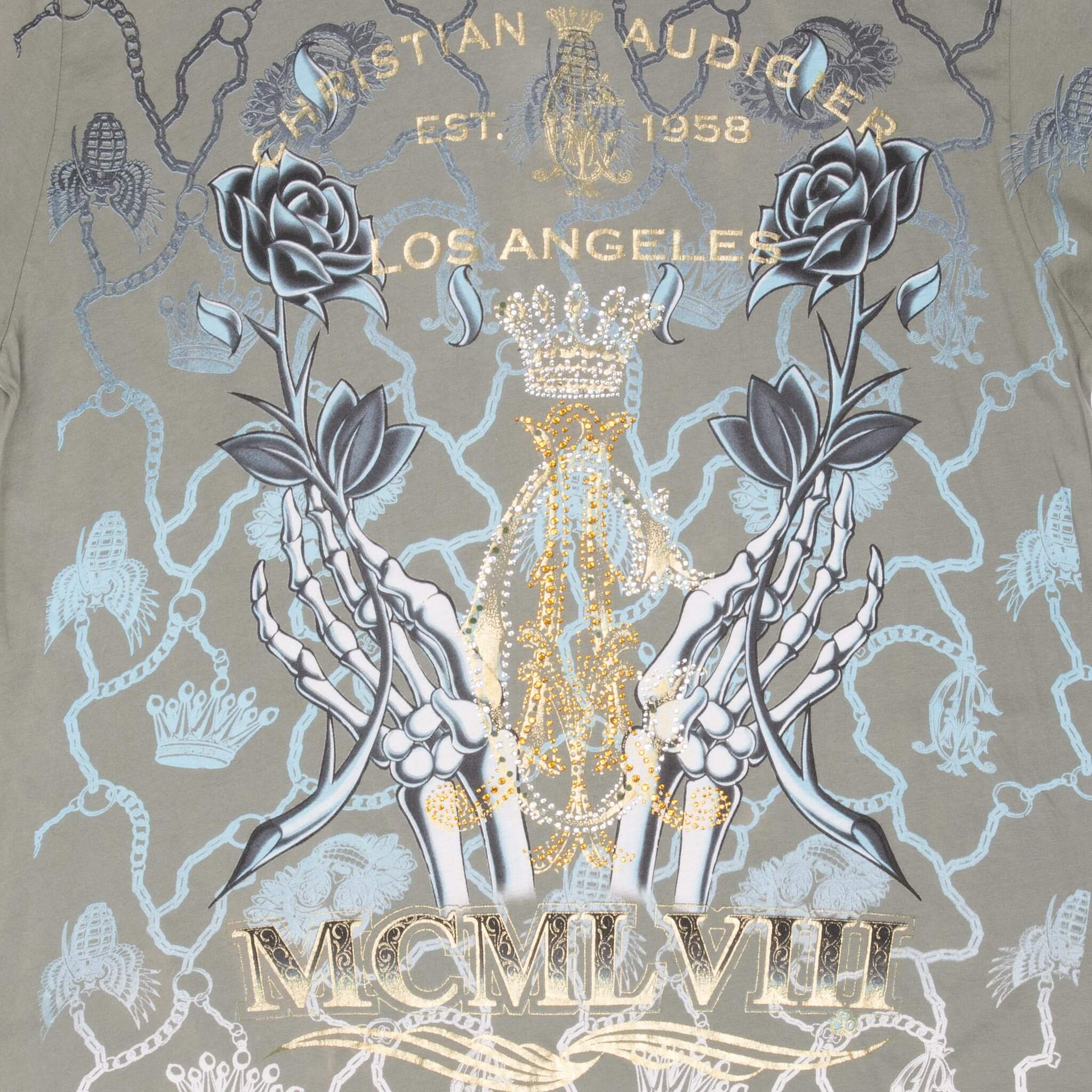 Vintage Christian Audigier Rhinestones Skull All Over Print Tee Shirt 2000S Size XL Made In Usa