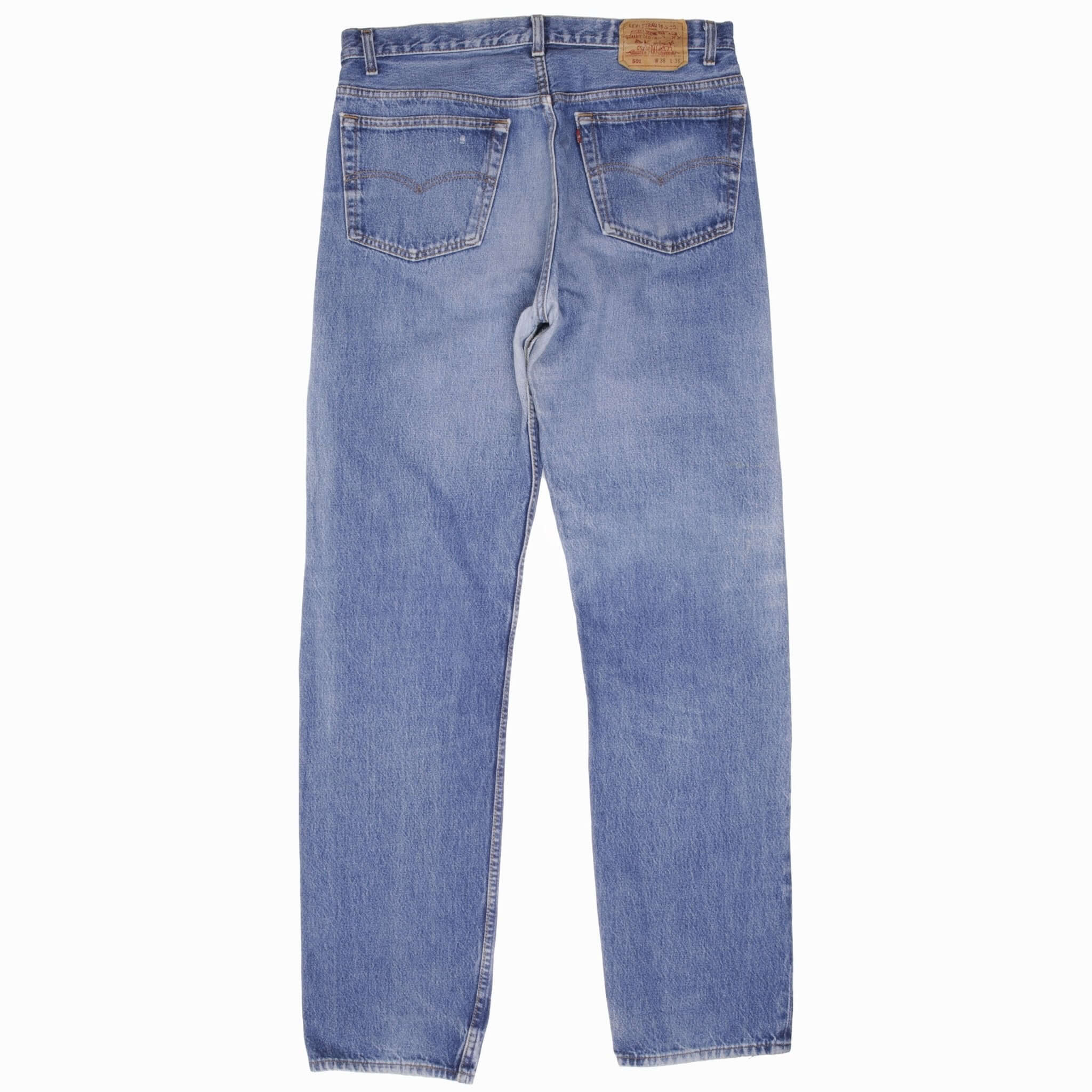 Beautiful Indigo Levis 501 Jeans 1980s Made in USA with Medium Light Wash With Light Whiskers Size on tag 38X36 Actual Size 36X36 Back Button #501