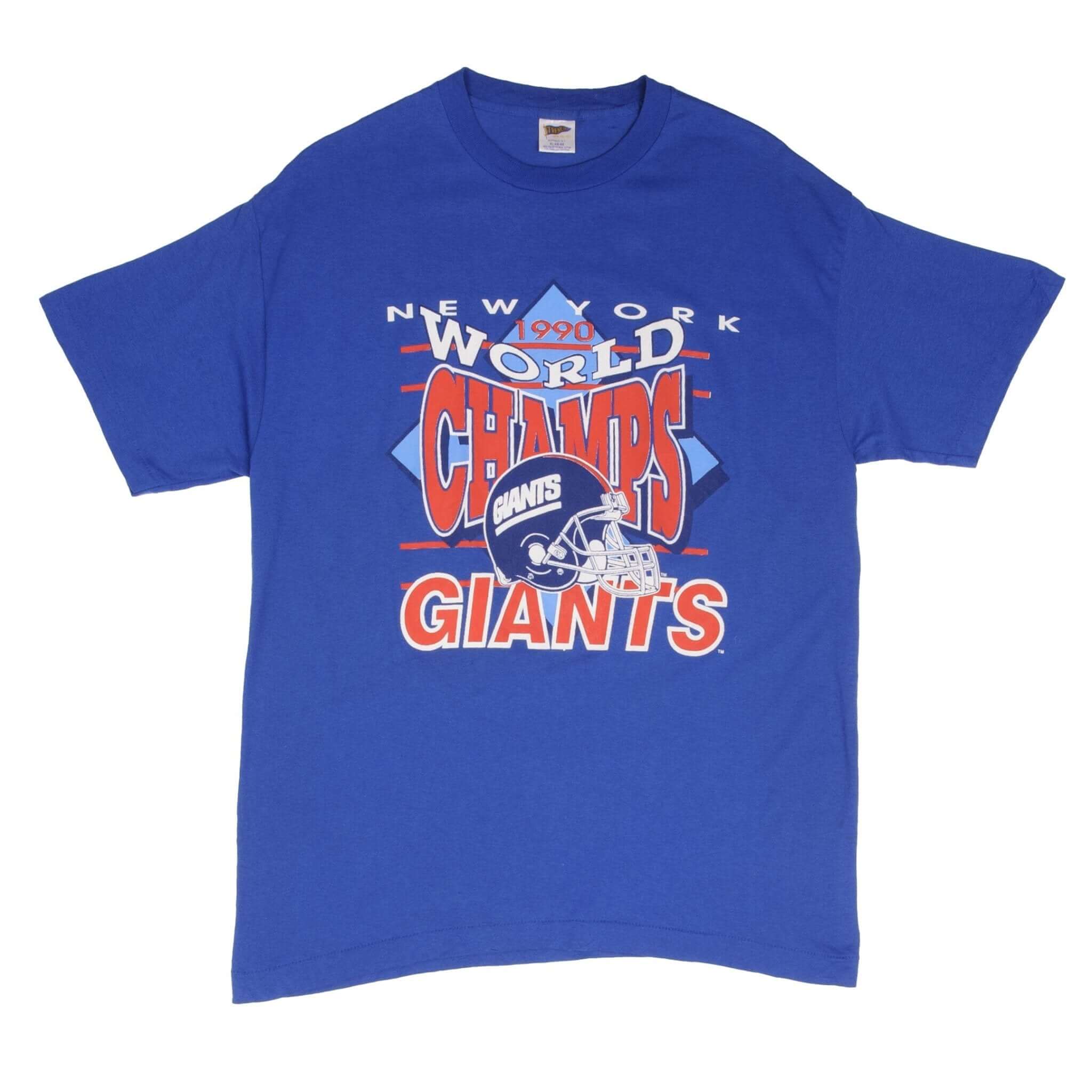 Full front view of blue New York Giants 1990 World Champs T-shirt