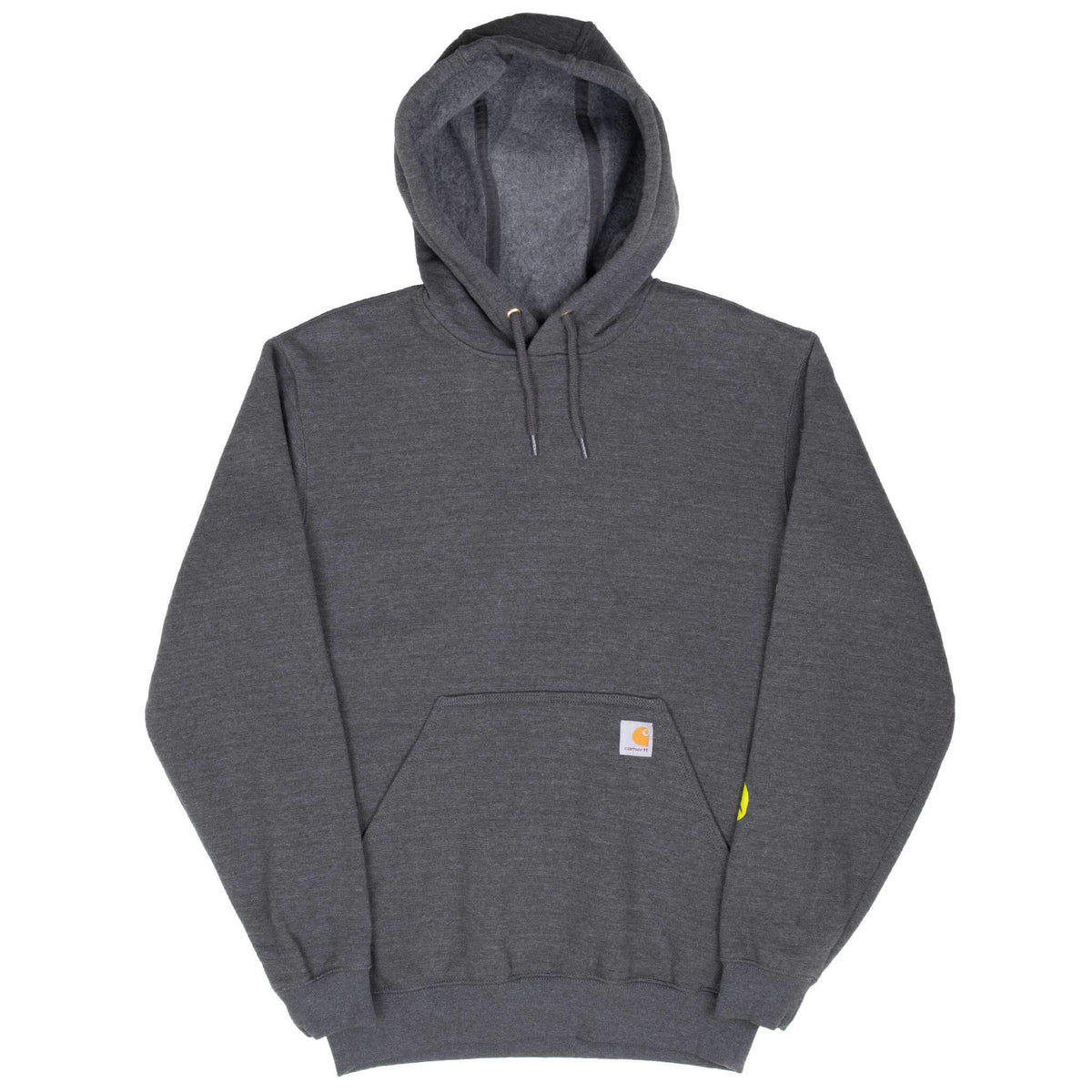 Full front view of dark grey Carhartt pullover hoodie with kangaroo pocket