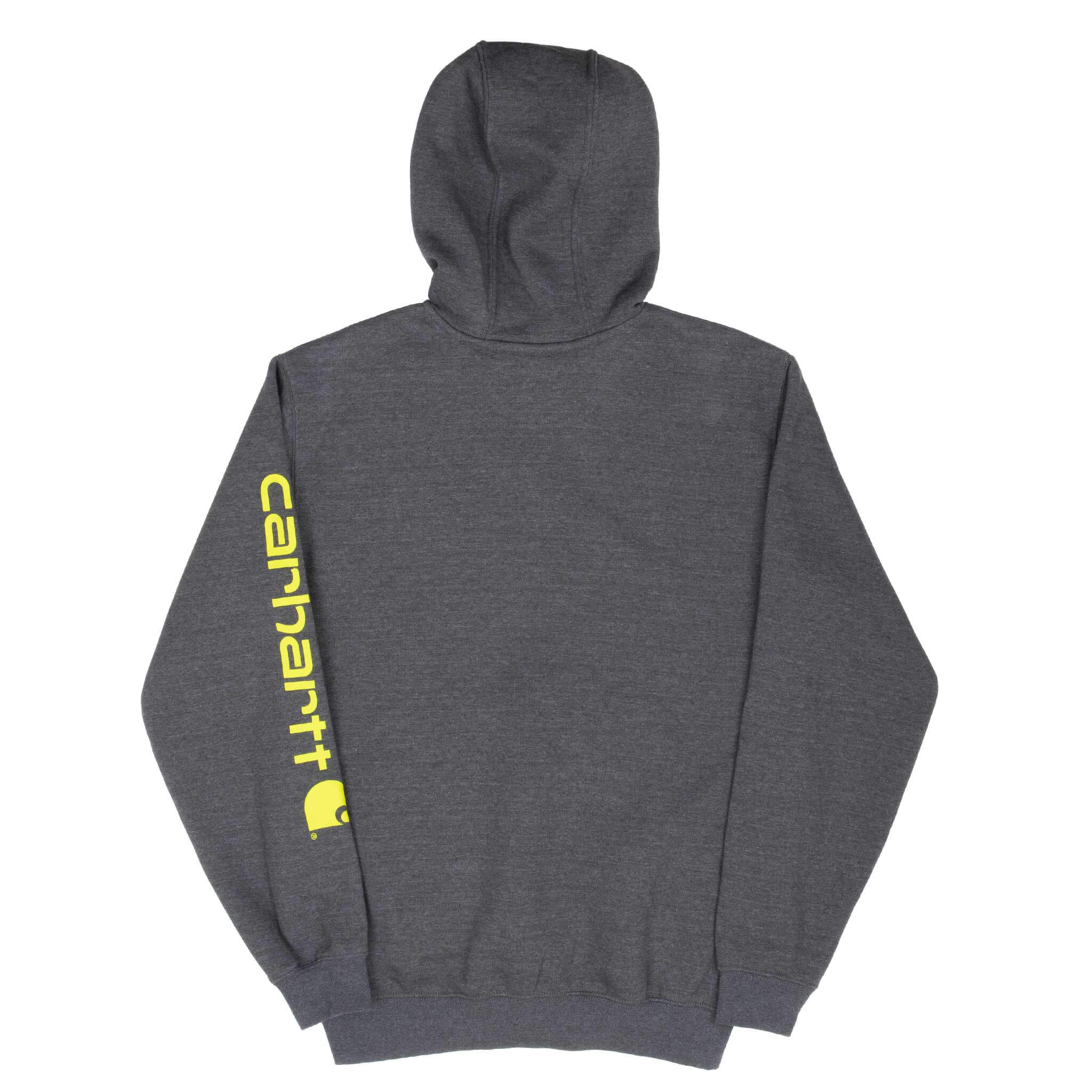 Back of dark grey Carhartt hoodie with yellow logo print down the left sleeve